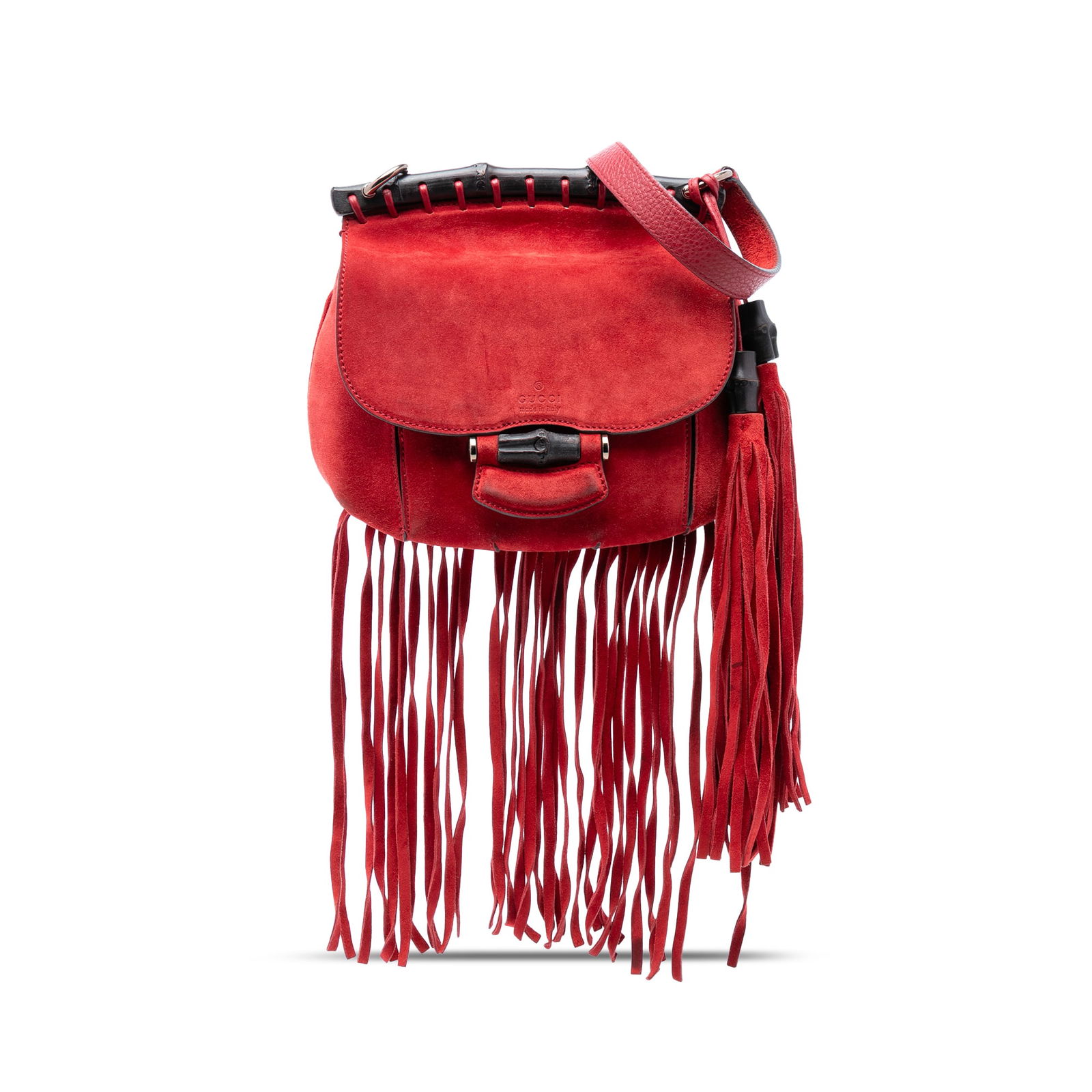Gucci Small Leather Bamboo Nouveau Fringe Crossbody Bag Red: Gucci Small Leather Bamboo Nouveau Fringe Crossbody Bag Red Elevate your style with the Gucci Small Leather Bamboo Nouveau Fringe Crossbody bag, a chic accessory crafted from premium suede leather. Th