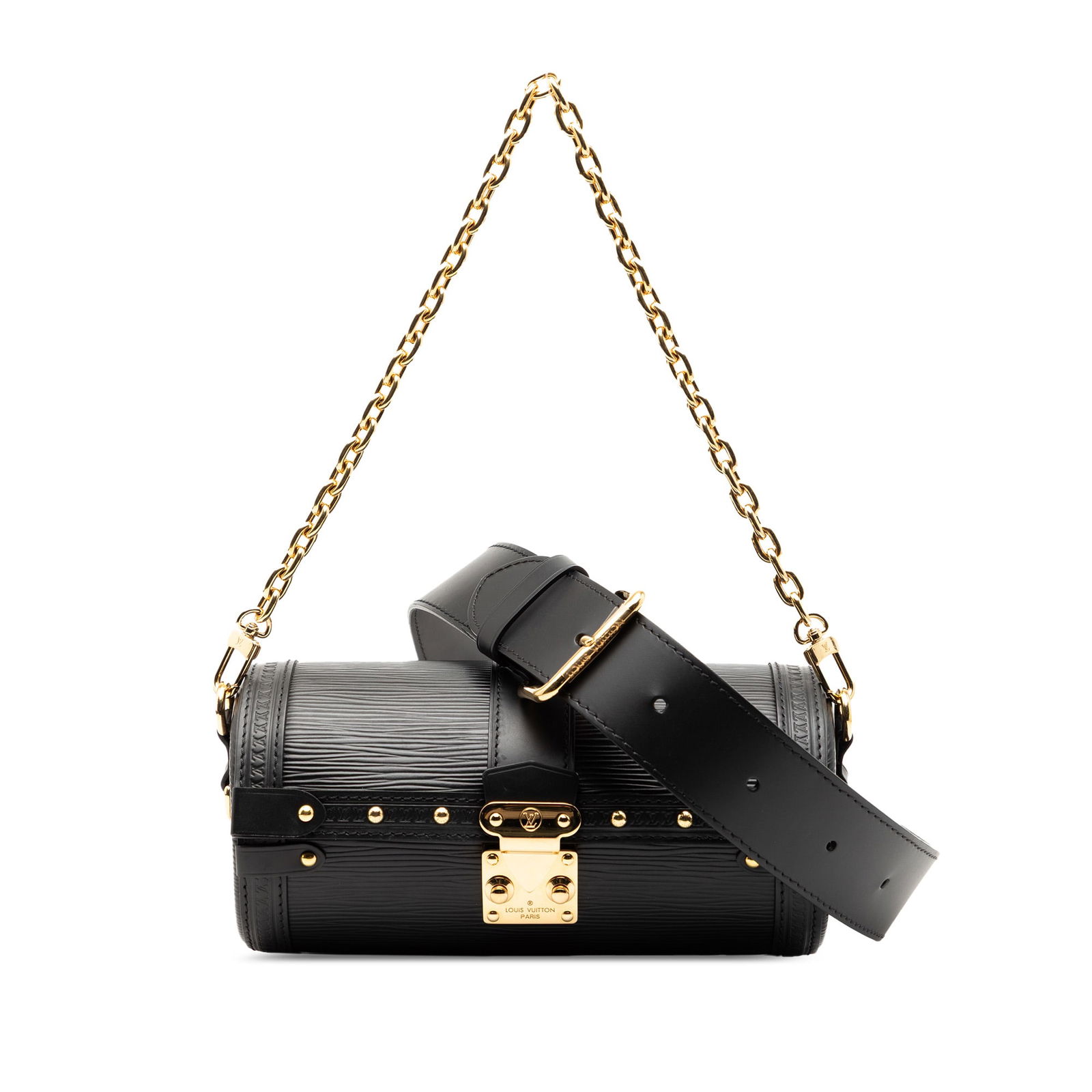 Louis Vuitton Epi Leather Papillon Trunk Bag with Chain and Strap: Louis Vuitton Epi Leather Papillon Trunk Bag with Chain and Strap The Louis Vuitton Epi Papillon Trunk features a black epi leather body with a detachable gold-tone chain handle and a detachable flat
