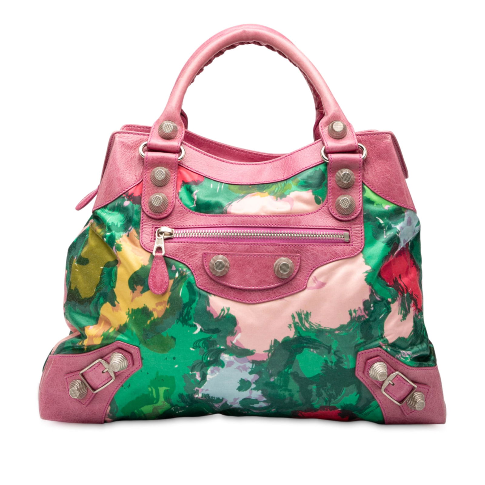 Balenciaga Floral Motocross Giant 21 Brief Satchel Pink Lambskin Satin: Balenciaga Floral Motocross Giant 21 Brief Satchel Pink Lambskin Satin The Balenciaga Lambskin and Satin Floral Print Motocross Giant 21 Brief Satchel is a stylish addition to any collection. It featu