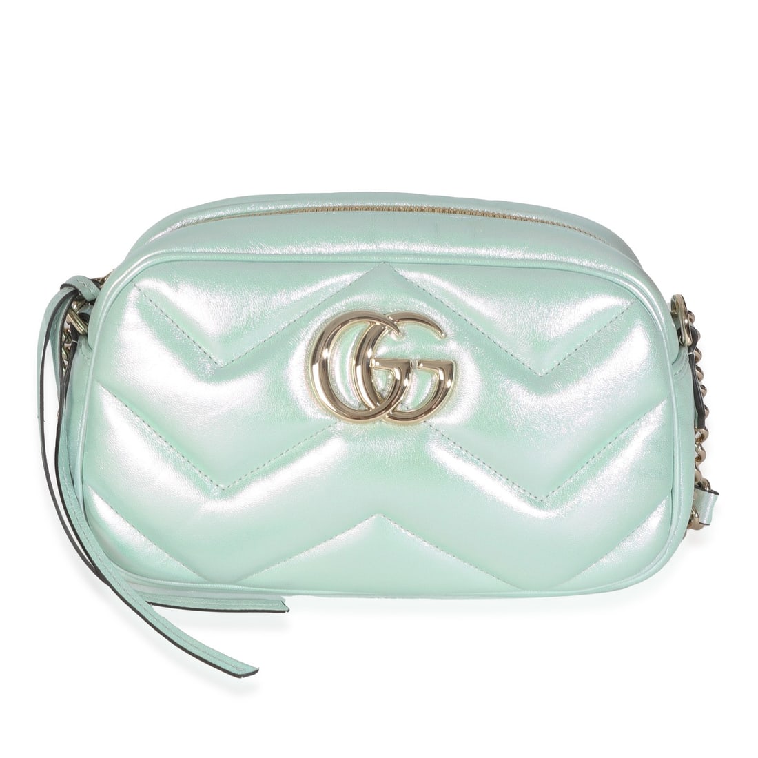 Gucci Small GG Marmont Chain Bag Green Iridescent Leather: Gucci Small GG Marmont Chain Bag Green Iridescent Leather Elevate your style with the Gucci Salvy Green Iridescent Nappa Chevron Matelasse Small GG Marmont Chain Bag. This stunning shoulder bag featur