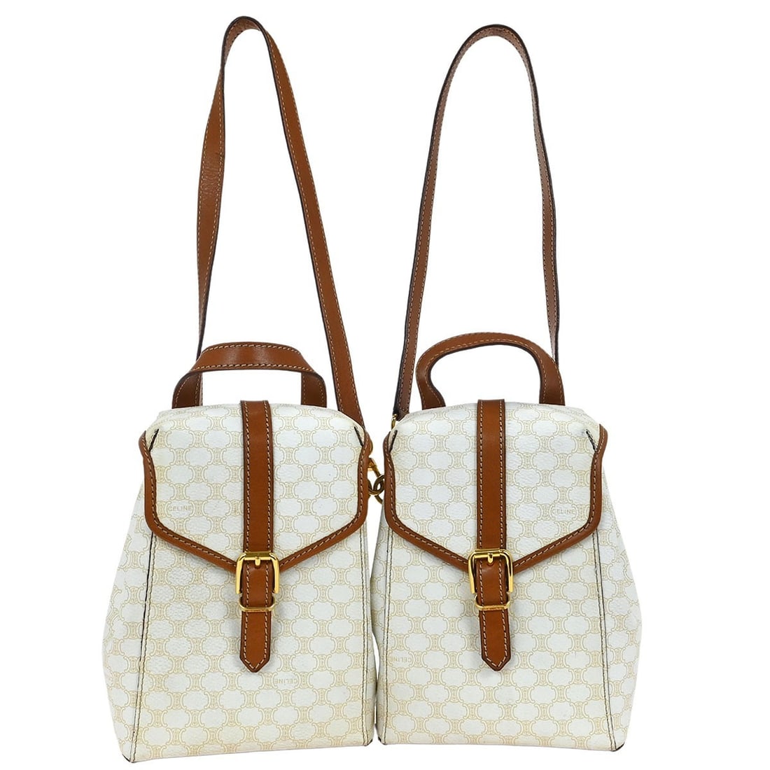 CELINE Macadam White Brown Small Twin Backpack: CELINE Macadam White Brown Small Twin Backpack Introducing the Celine Macadam Twin Backpack, a stylish accessory perfect for casual outings. This small-sized backpack features a classic Macadam patter