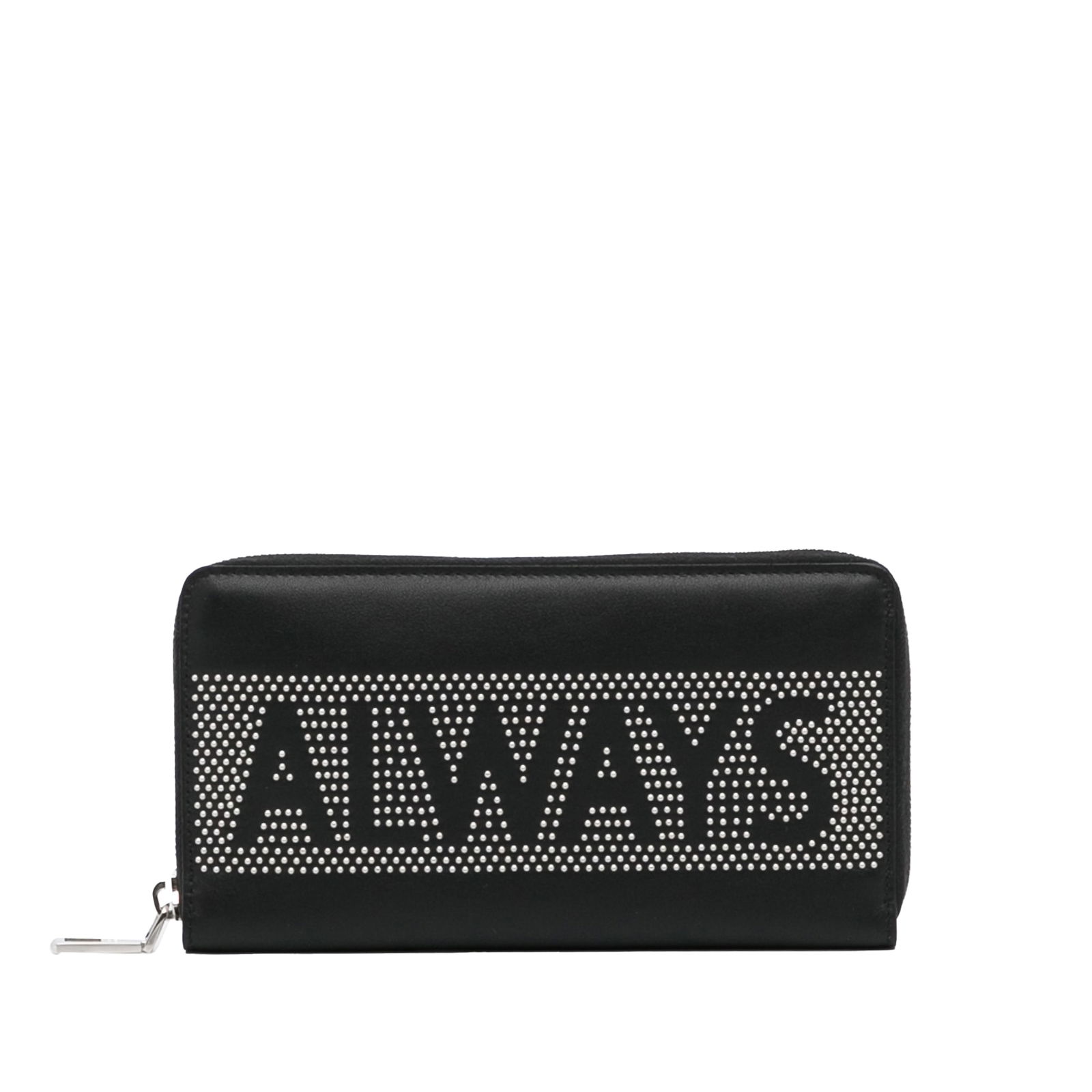 Valentino Black Studded Zip Around Leather Wallet with Dust Bag: Valentino Black Studded Zip Around Leather Wallet with Dust Bag This Valentino Studded Zip Around Wallet showcases a sleek leather body adorned with striking studded details. It features a convenient