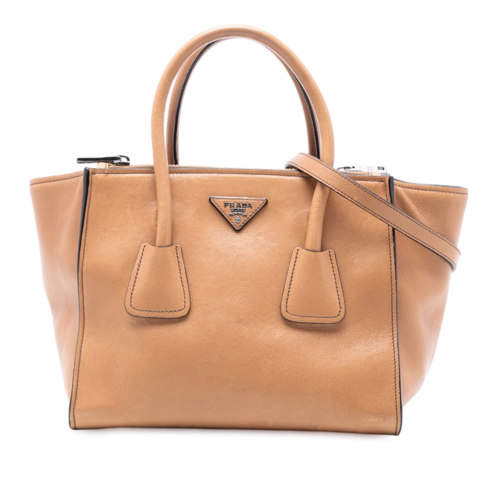 Prada Glace Calf Twin Pocket Satchel Leather Bag Brown: Prada Glace Calf Twin Pocket Satchel Leather Bag Brown Introducing the Prada Glace Calf Twin Pocket Satchel, a sophisticated accessory crafted from high-quality calf leather. This stylish satchel feat