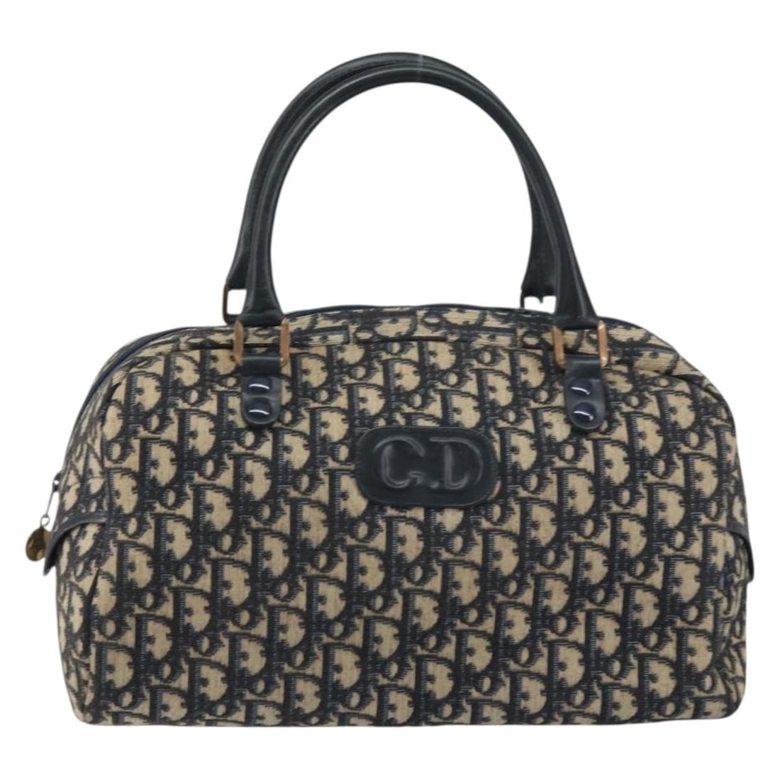 Navy Trotter Canvas Boston Handbag by Christian Dior: Navy Trotter Canvas Boston Handbag by Christian Dior This pre-owned Christian Dior Trotter canvas Boston bag features the iconic navy pattern and leather trim. The bag shows signs of previous use, inc