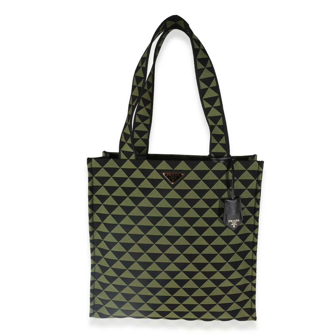 Prada Symbole Shopping Tote Black Green Jacquard Canvas Gold-Tone Hardware: Prada Symbole Shopping Tote Black Green Jacquard Canvas Gold-Tone Hardware This Prada Symbole Shopping Tote is a stylish and functional accessory featuring a striking black and green jacquard design.