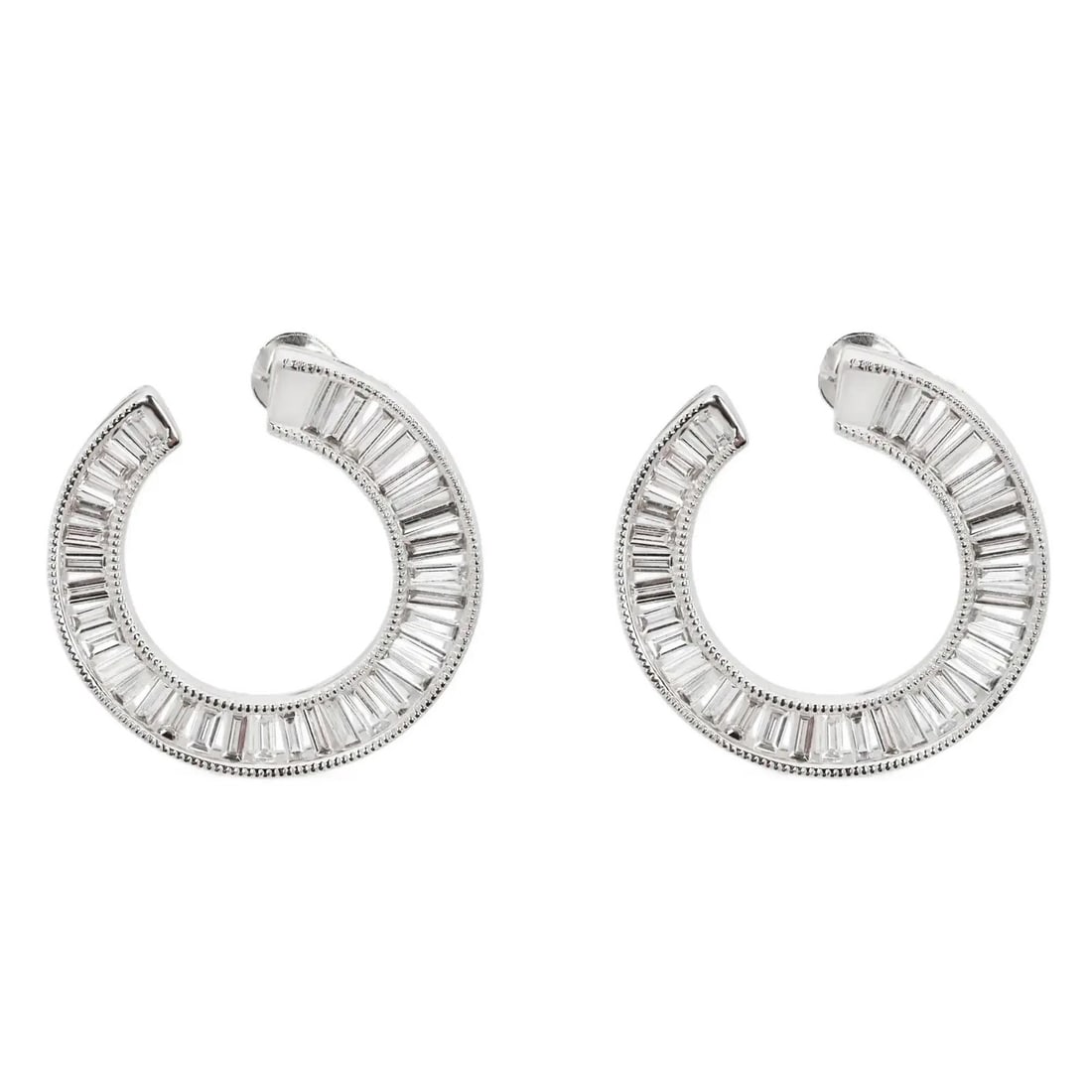 14k White Gold Lab Diamond Hoop Earrings Baguette Cut by Rachel Koen 2.00ctw: 14k White Gold Lab Diamond Hoop Earrings Baguette Cut by Rachel Koen 2.00ctw These elegant hoop earrings are crafted from 14k white gold and feature channel-set baguette cut lab grown diamonds. The ea