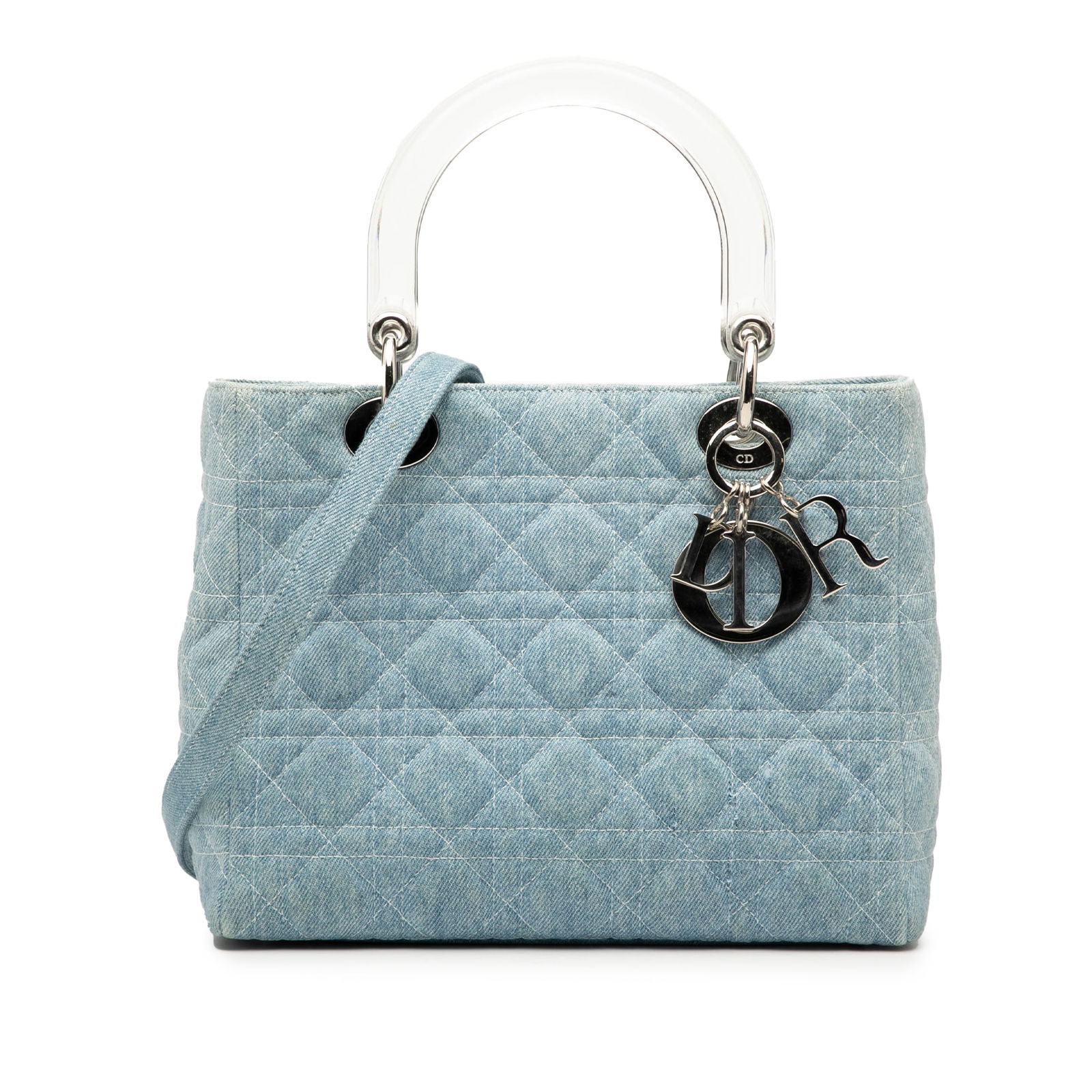 Dior Lady Dior Medium Blue Denim Satchel with Acrylic Top Handles: Dior Lady Dior Medium Blue Denim Satchel with Acrylic Top Handles This Lady Dior satchel features a quilted denim body in blue, complemented by flat top handles made from acrylic and a detachable flat