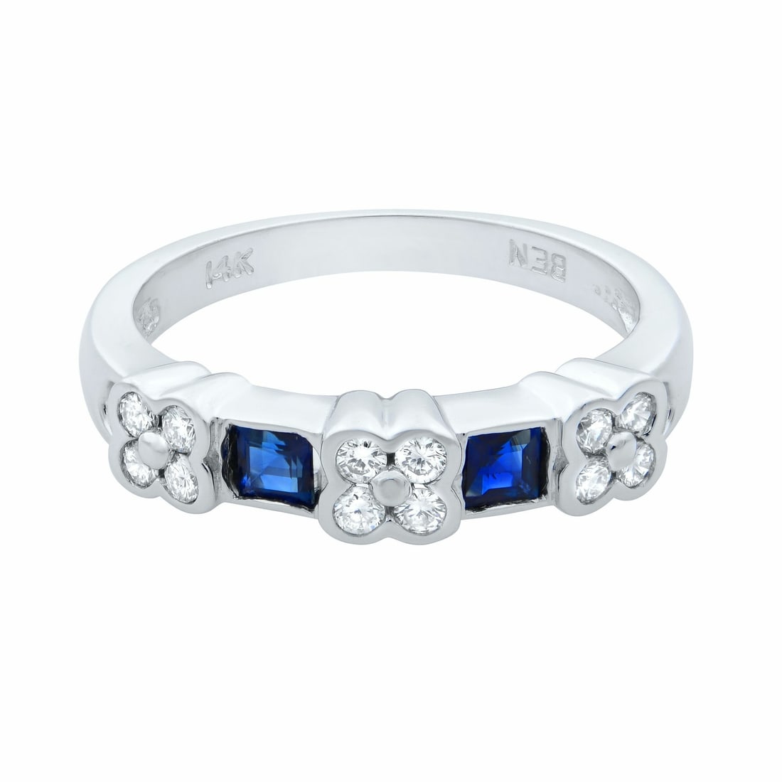 Rachel Koen 14K White Gold Diamond Blue Sapphire Band Ring Size 6.25: Rachel Koen 14K White Gold Diamond Blue Sapphire Band Ring Size 6.25 This exquisite Rachel Koen ring features a stunning band design crafted from 14K white gold. The ring showcases a beautiful arrange