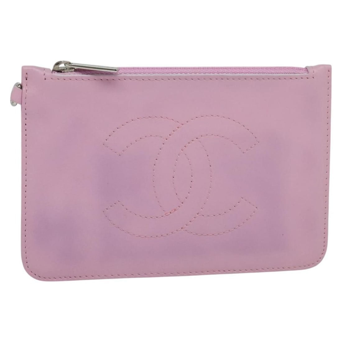 Pink Chanel O Case Pouch Quilted CC Logo Clutch Bag: Pink Chanel O Case Pouch Quilted CC Logo Clutch Bag This Chanel CC O Case Pouch features a pink exterior with the iconic CC logo. The surface exhibits stains and slight rubbing, while the metal fittin