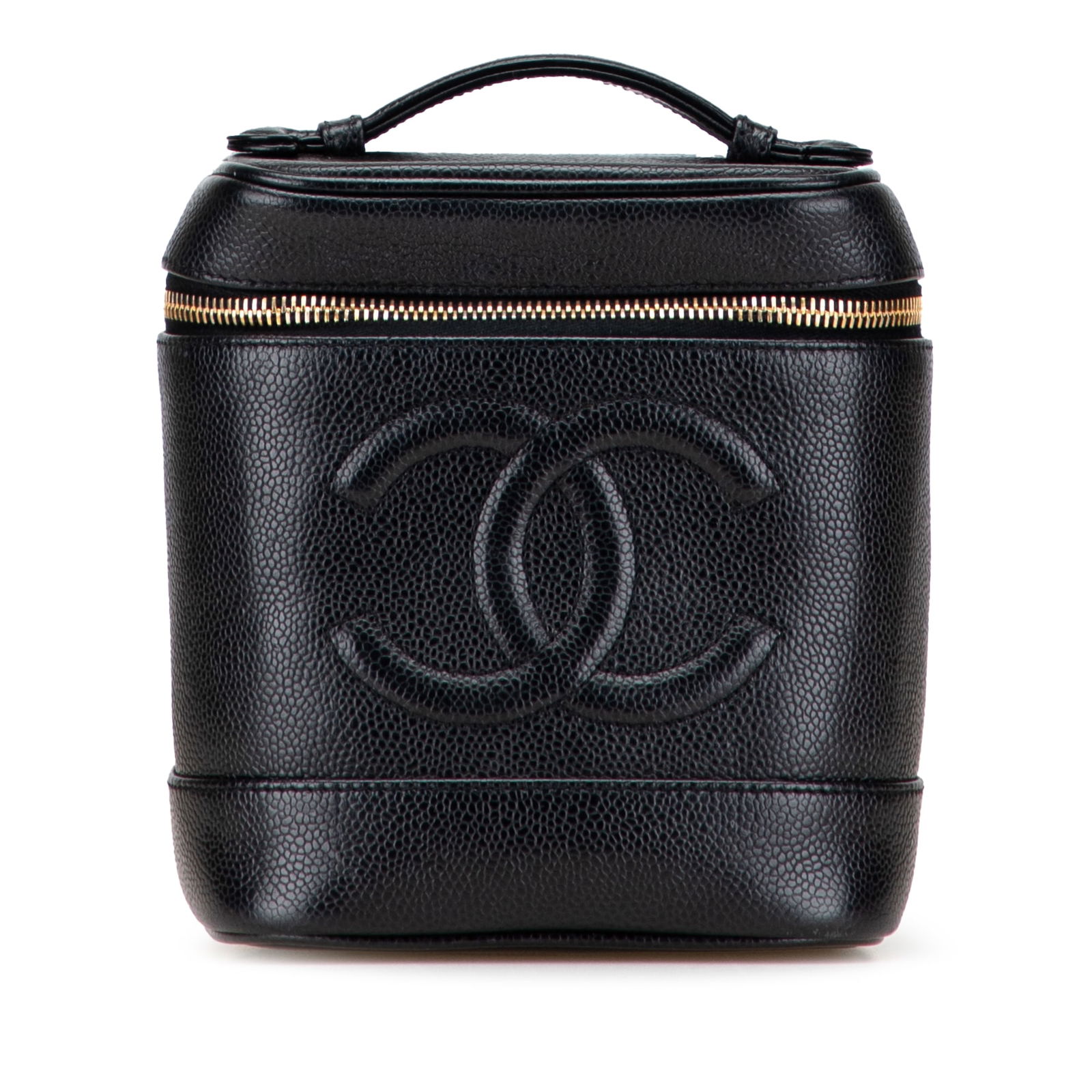 Chanel CC Caviar Leather Vanity Bag Black France: Chanel CC Caviar Leather Vanity Bag Black France This Chanel CC Caviar Vanity Bag is crafted from luxurious caviar leather and features a stylish flat leather top handle. The bag includes a secure top