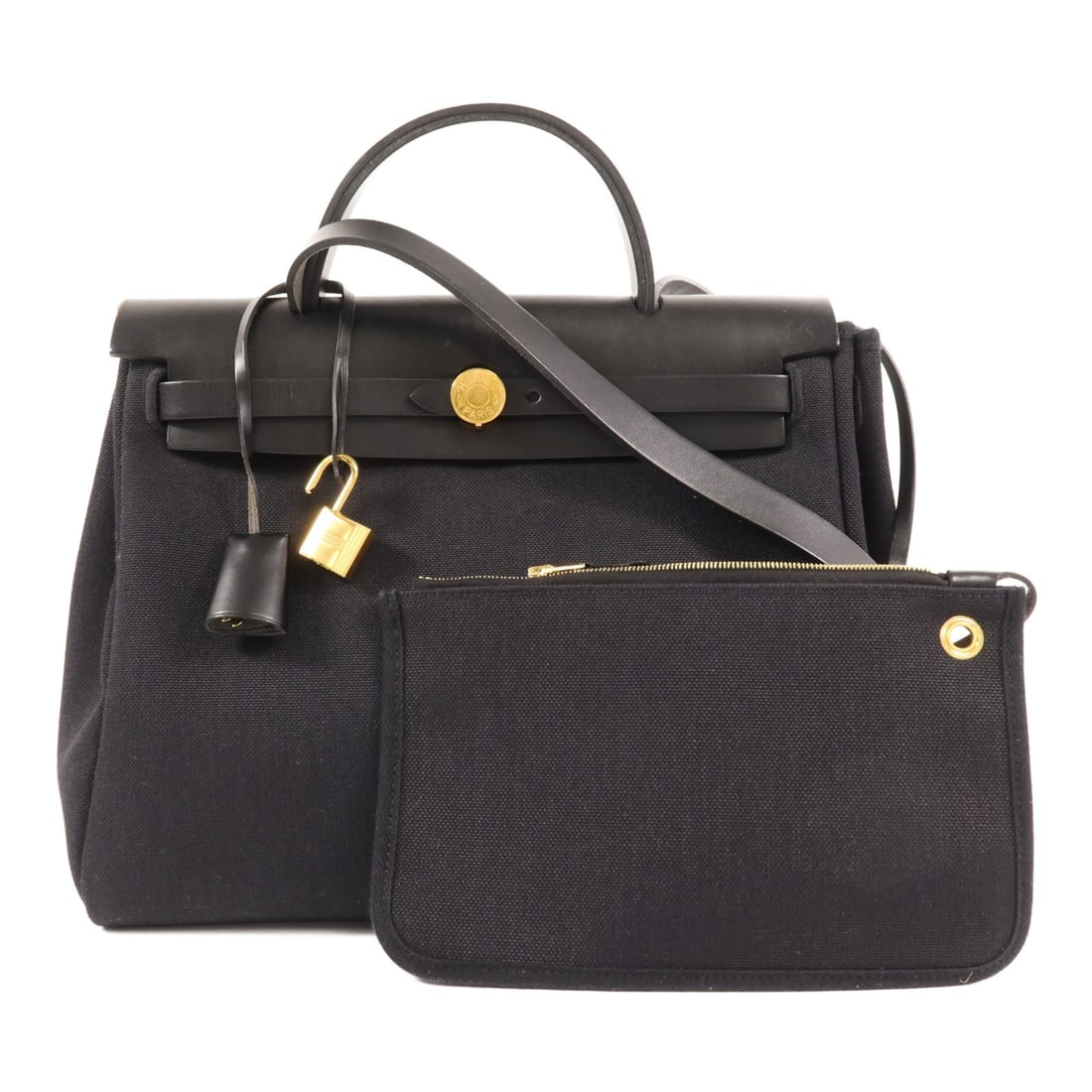 HERMES Herbag PM 2 Way Shoulder Bag Black Canvas Leather: HERMES Herbag PM 2 Way Shoulder Bag Black Canvas Leather Elevate your accessory collection with the HERMES Herbag PM 2 Way Shoulder Bag. This stylish handbag features a unique combination of durable c