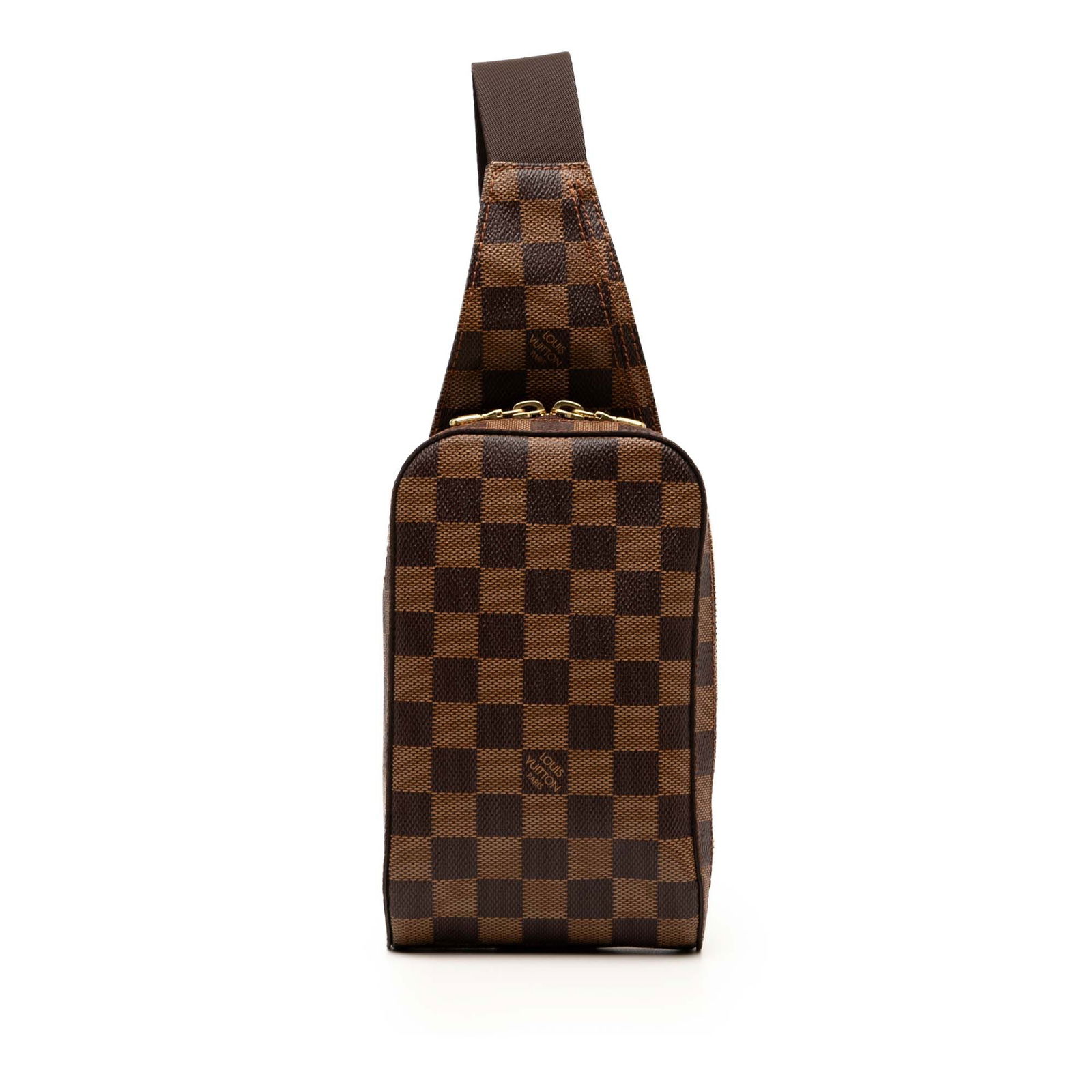 Louis Vuitton Damier Ebene Geronimos Bag with Adjustable Strap: Louis Vuitton Damier Ebene Geronimos Bag with Adjustable Strap The Louis Vuitton Damier Ebene Geronimos is a stylish and functional bag, crafted from durable damier canvas in a rich brown color. It fe