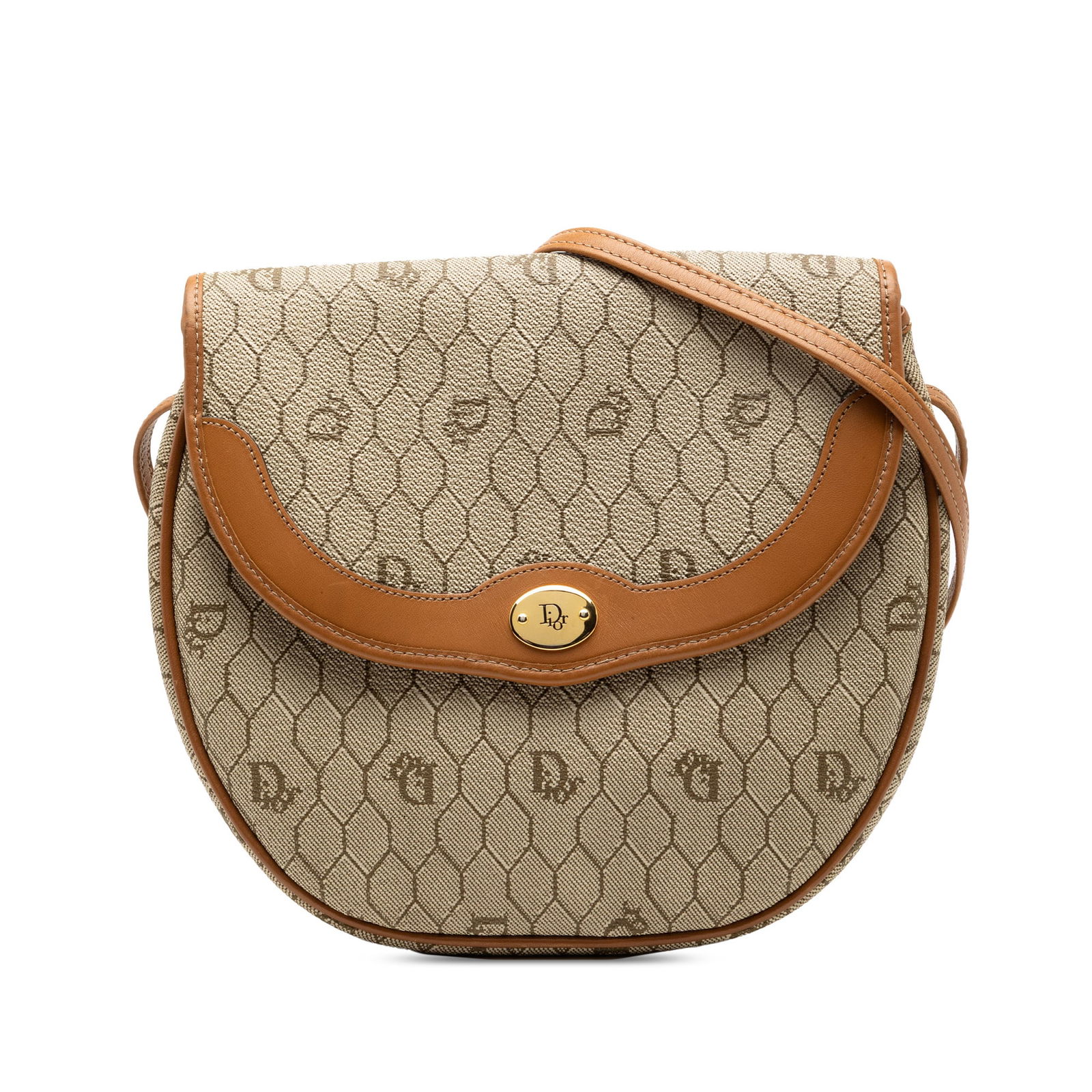 Brown Dior Honeycomb Canvas Crossbody Bag with Leather Trim: Brown Dior Honeycomb Canvas Crossbody Bag with Leather Trim This Dior Honeycomb Canvas Crossbody bag features a brown canvas body with leather trim, a flat leather strap, a top flap with a magnetic sn