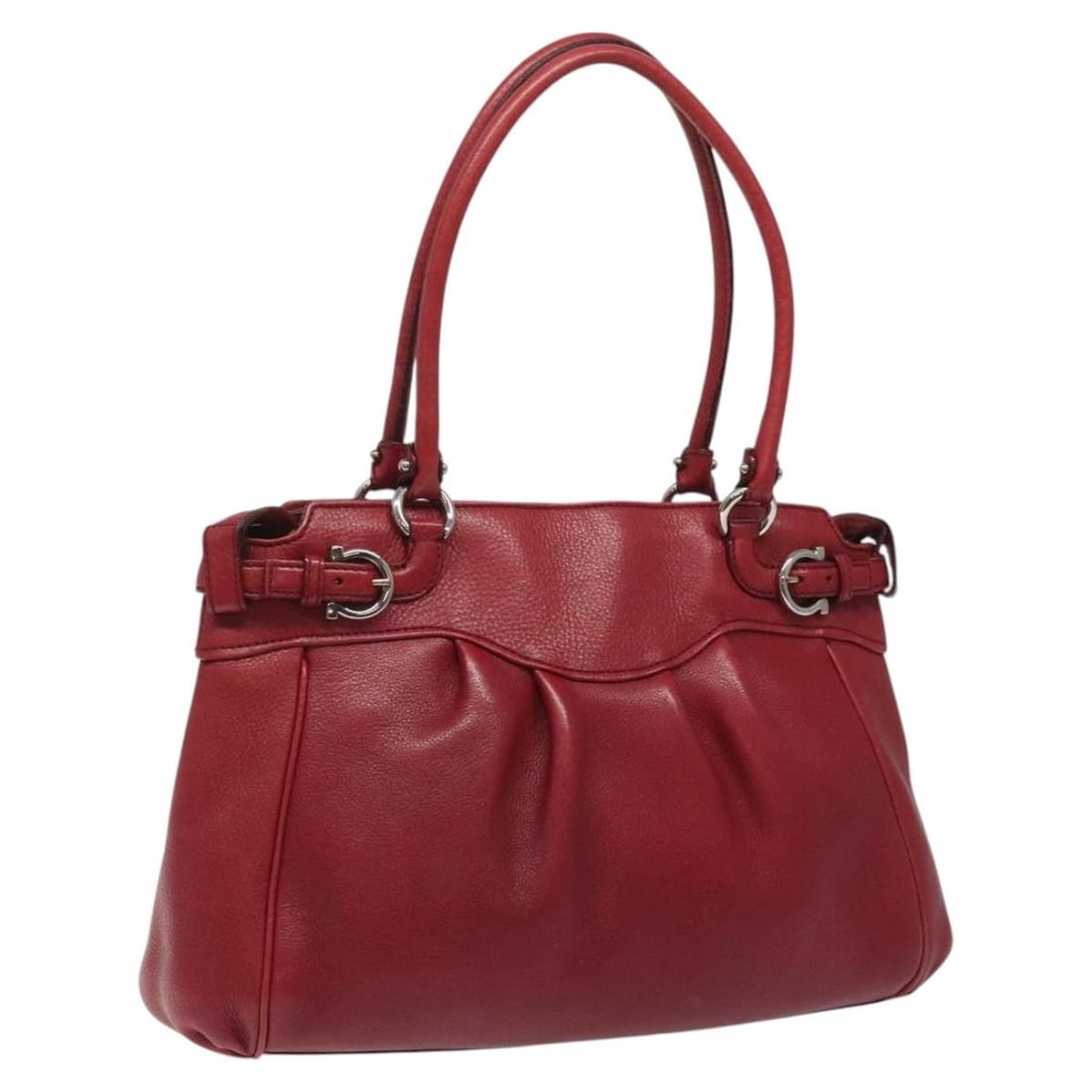 Red Gancini Shoulder Bag by Salvatore Ferragamo: Red Gancini Shoulder Bag by Salvatore Ferragamo This pre-owned Salvatore Ferragamo Gancini handbag features a red exterior and is designed for women. It shows signs of wear, including surface rubbing,