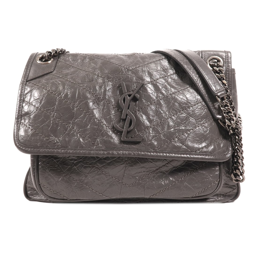 SAINT LAURENT Grey Calfskin Leather Niki Medium Shoulder Bag: SAINT LAURENT Grey Calfskin Leather Niki Medium Shoulder Bag Introducing the SAINT LAURENT Niki Medium Shoulder Bag, a stylish accessory crafted from high-quality calfskin leather in an elegant gray h
