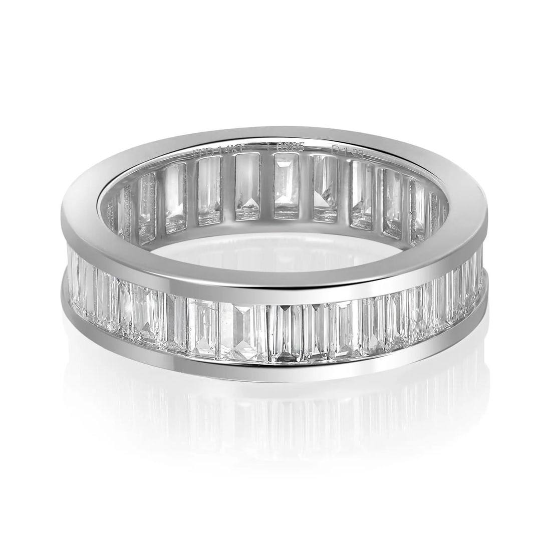 Rachel Koen 14K White Gold Baguette Diamond Band Ring 1.93CTW: Rachel Koen 14K White Gold Baguette Diamond Band Ring 1.93CTW This exquisite Channel Set Baguette Cut Diamond Band Ring is a true masterpiece crafted from fine 14K white gold. The ring features stunni
