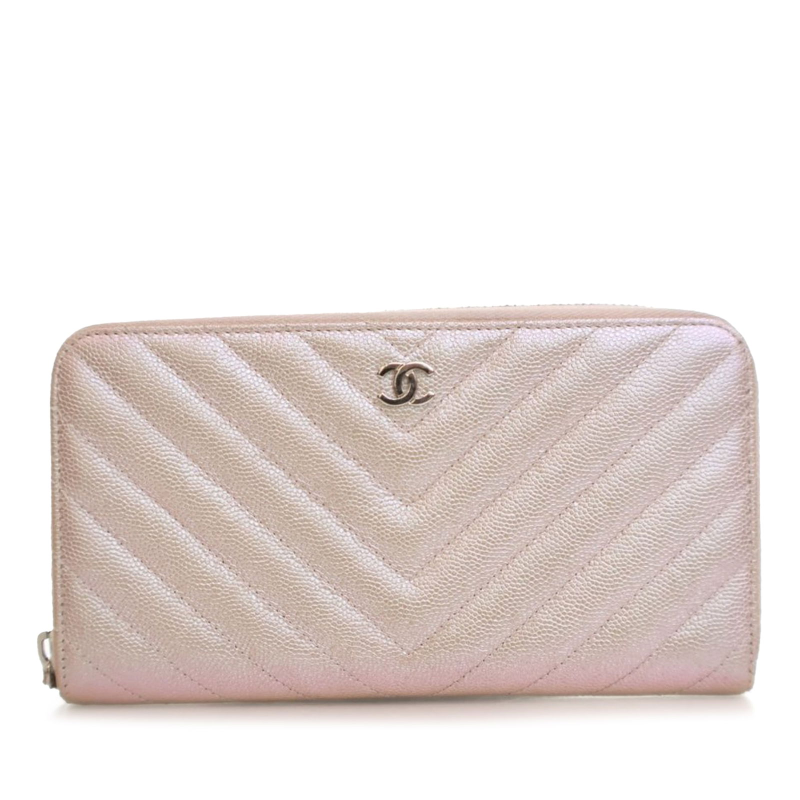 Chanel Iridescent Chevron Caviar Leather Pink Zip Wallet: Chanel Iridescent Chevron Caviar Leather Pink Zip Wallet This Chanel long wallet showcases a pink iridescent chevron-quilted caviar leather exterior, featuring a zip-around closure and multiple interi