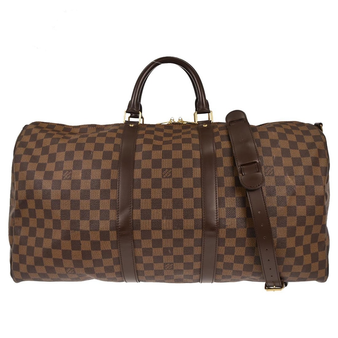 Damier Canvas Keepall Bandouliere 55 Brown Extra Large Duffle Bag: Damier Canvas Keepall Bandouliere 55 Brown Extra Large Duffle Bag This Louis Vuitton Keepall Bandouliere 55 duffle bag features the classic Damier canvas and leather exterior in brown, with a zippered