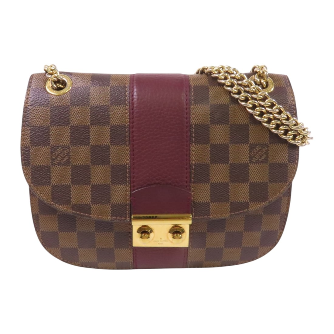 LOUIS VUITTON Damier Ebene Chain Shoulder Bag N64420 Brown Red: LOUIS VUITTON Damier Ebene Chain Shoulder Bag N64420 Brown Red This stylish Louis Vuitton shoulder bag features a classic Damier Ebene pattern in a rich brown hue. Crafted from durable PVC coated canv