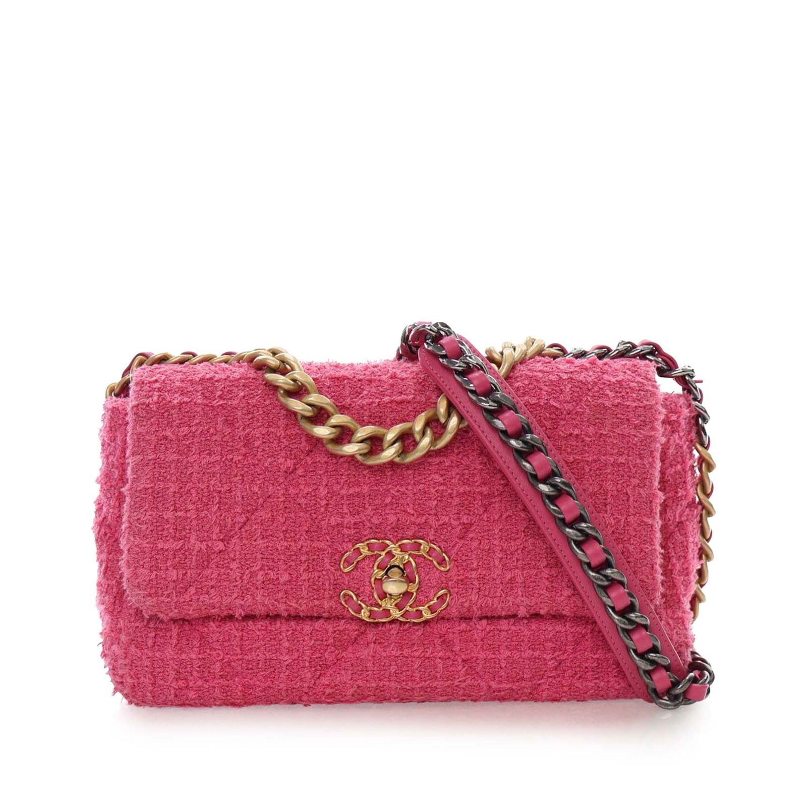 Chanel 19 Medium Flap Bag in Pink Tweed with Gold Tone Chain: Chanel 19 Medium Flap Bag in Pink Tweed with Gold Tone Chain This Chanel Medium Tweed 19 Flap bag features a tweed leather body in a pink shade, accented with a gold-tone chain handle and a woven leat
