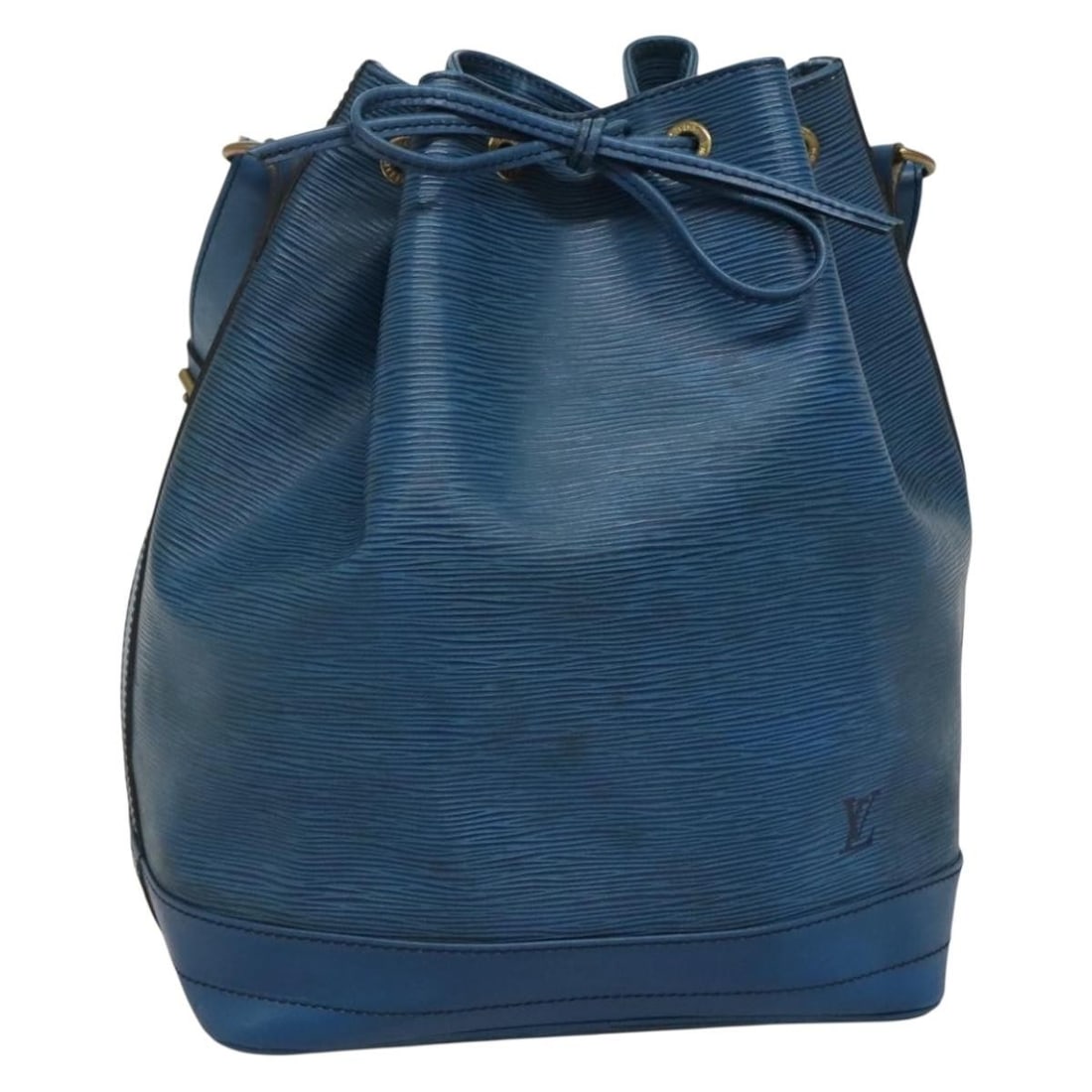 Noe Shoulder Bag in Blue by Louis Vuitton: Noe Shoulder Bag in Blue by Louis Vuitton This Louis Vuitton Noe handbag features a blue exterior and is designed for female use. The bag shows signs of wear, including surface deformation, rubbing, s
