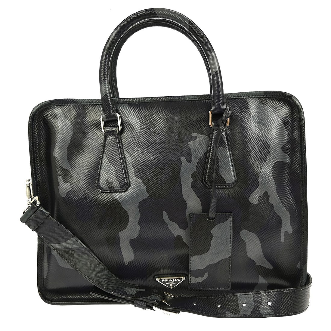Prada Camouflage Leather Top Handle Bag Black Medium Two Way: Prada Camouflage Leather Top Handle Bag Black Medium Two Way This Prada black camouflage 2-way handbag features a top handle design crafted from leather, with matching leather handles and lining. The