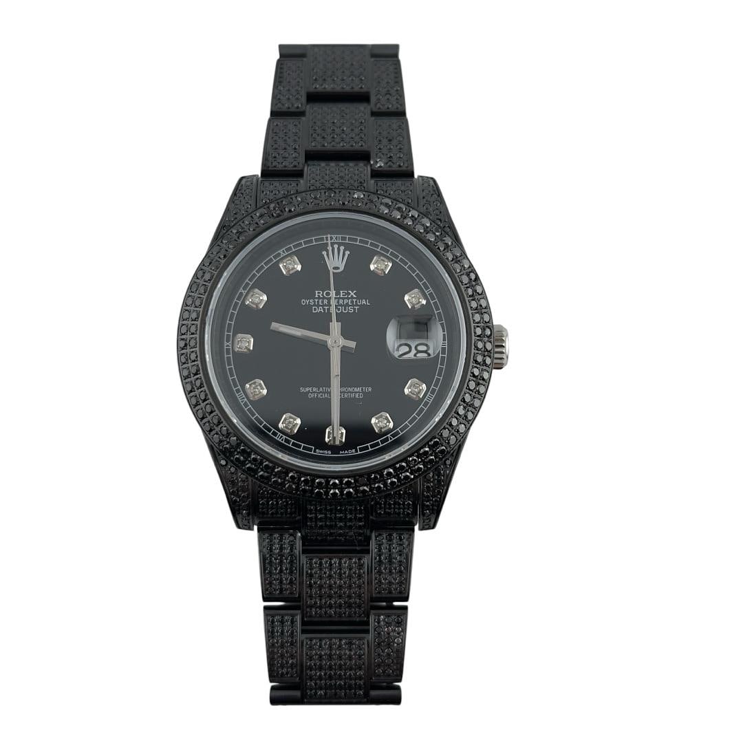 Rolex Datejust Ref 126334 Mens Aftermarket Black Diamond Dial Oyster Iced Out: Rolex Datejust Ref 126334 Mens Aftermarket Black Diamond Dial Oyster Iced Out This Rolex Datejust features an Aftermarket black diamond dial and a diamond-set bezel, complemented by an Oyster bracelet