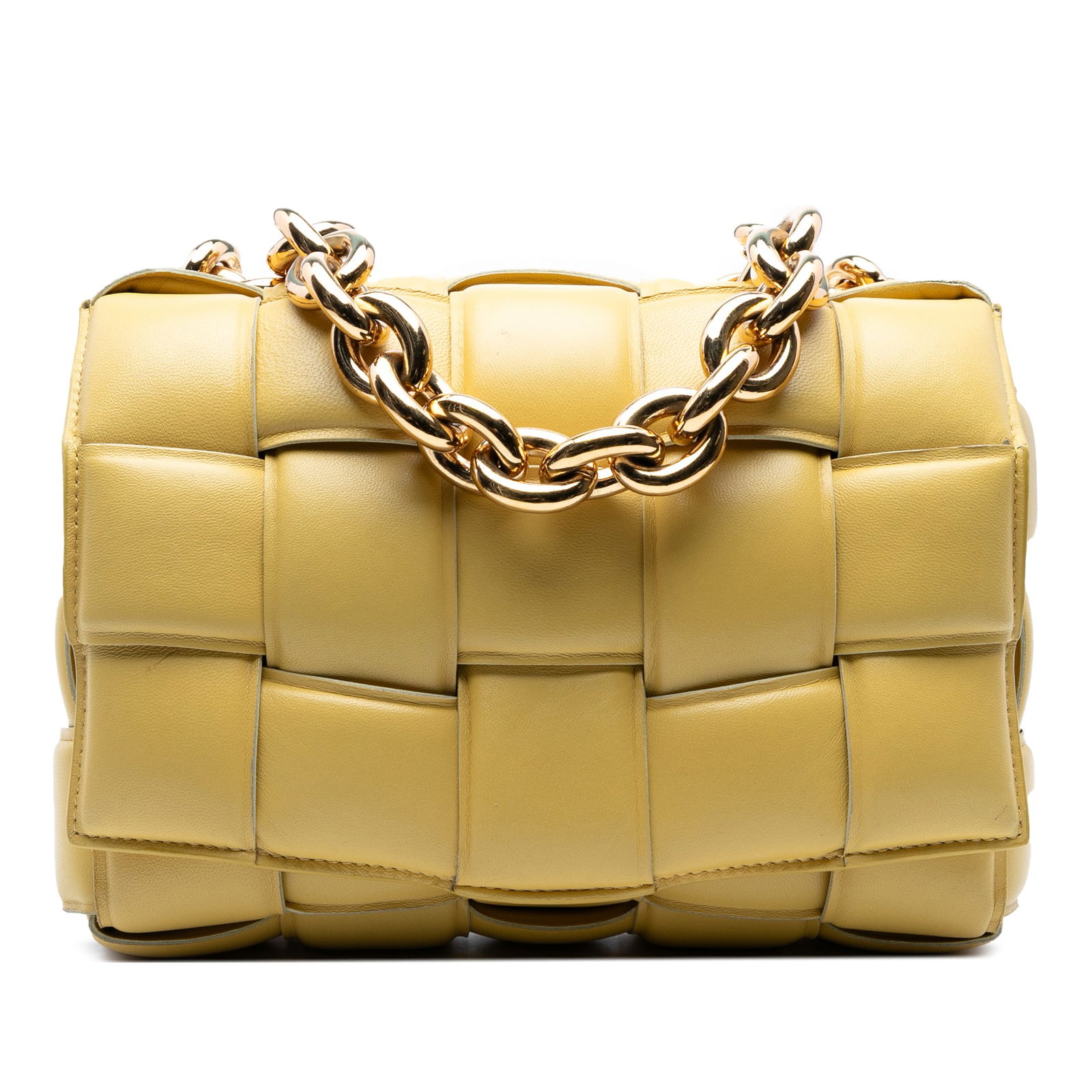 Bottega Veneta Nappa Intrecciato Padded Chain Satchel Yellow: Bottega Veneta Nappa Intrecciato Padded Chain Satchel Yellow Elevate your style with the Bottega Veneta Nappa Intrecciato Padded Chain Cassette Satchel. This luxurious bag showcases a woven nappa leat