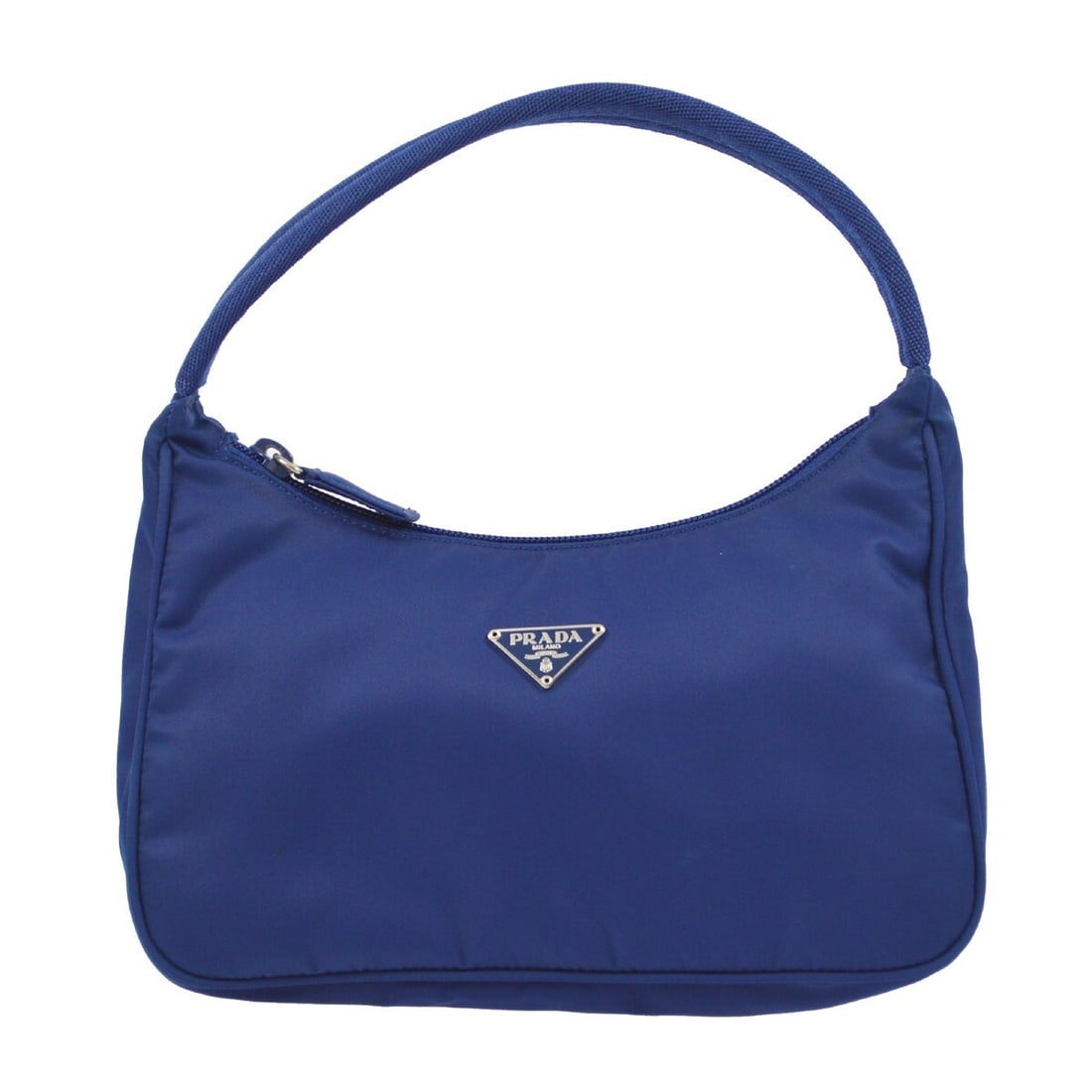 Prada Blue Nylon Top Handle Handbag with Logo Accents: Prada Blue Nylon Top Handle Handbag with Logo Accents This Prada Blue Nylon Handbag is a stylish and functional accessory perfect for casual outings. The bag features a compact size with a width of 8