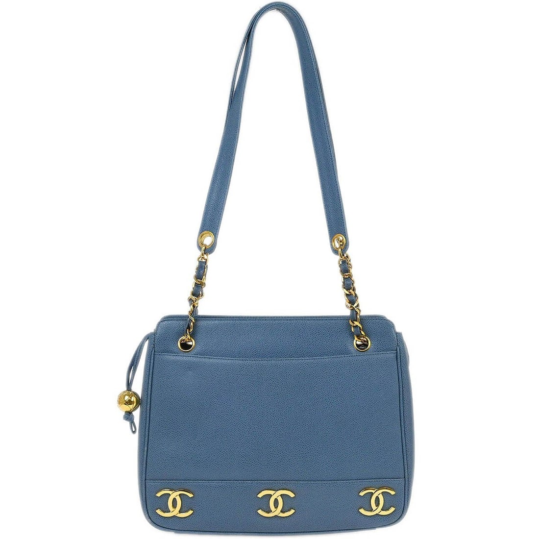 Chanel Blue Caviar Triple CC Medium Shoulder Tote Bag: Chanel Blue Caviar Triple CC Medium Shoulder Tote Bag This Chanel Blue Calfskin Triple CC Shoulder Tote Bag is a luxurious accessory, crafted in Italy from premium caviar skin leather. It features a s
