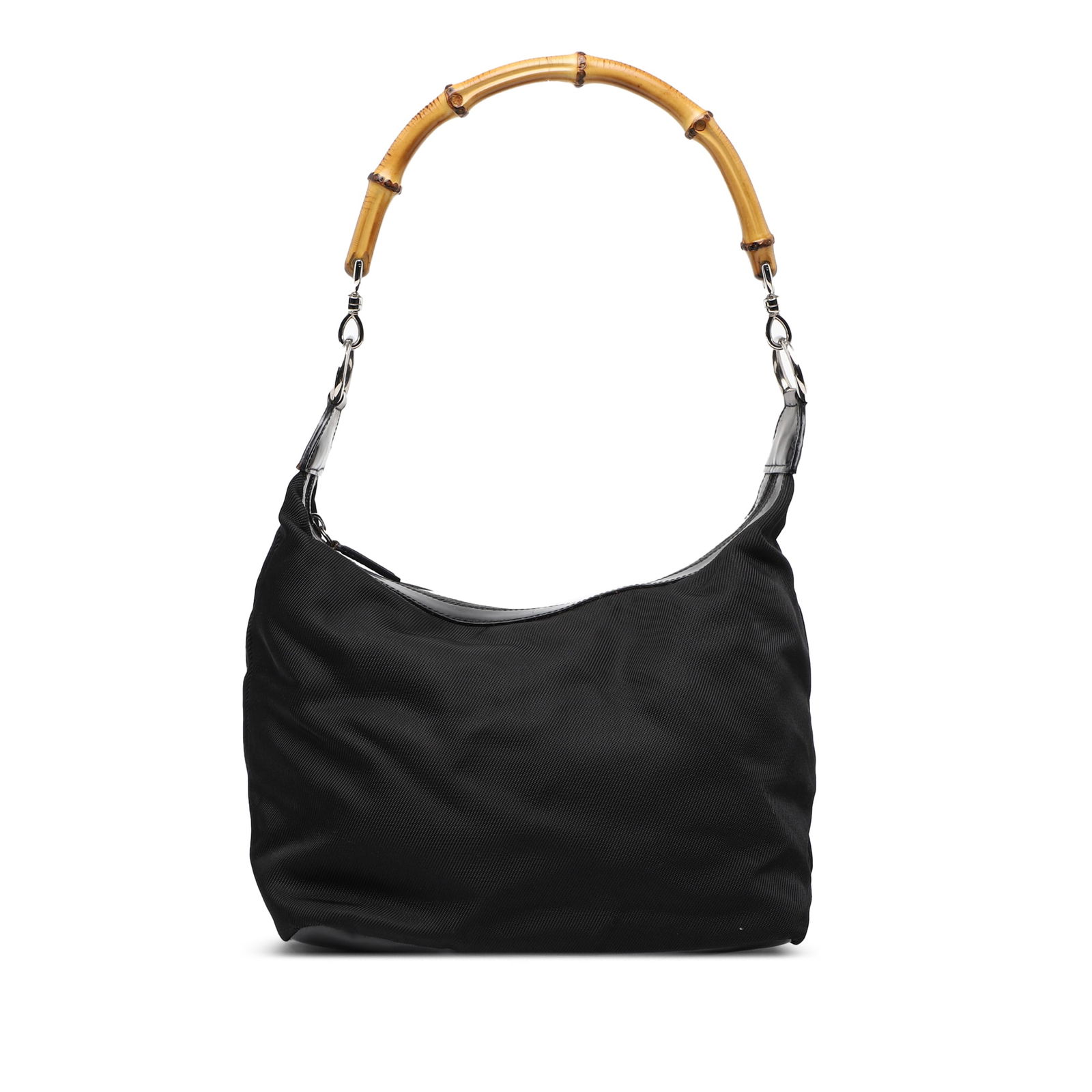 Gucci Black Nylon Bamboo Shoulder Bag with Leather Trim: Gucci Black Nylon Bamboo Shoulder Bag with Leather Trim This Gucci Nylon Bamboo Shoulder Bag is a stylish accessory featuring a durable nylon body complemented by leather trim. The bag showcases a uni