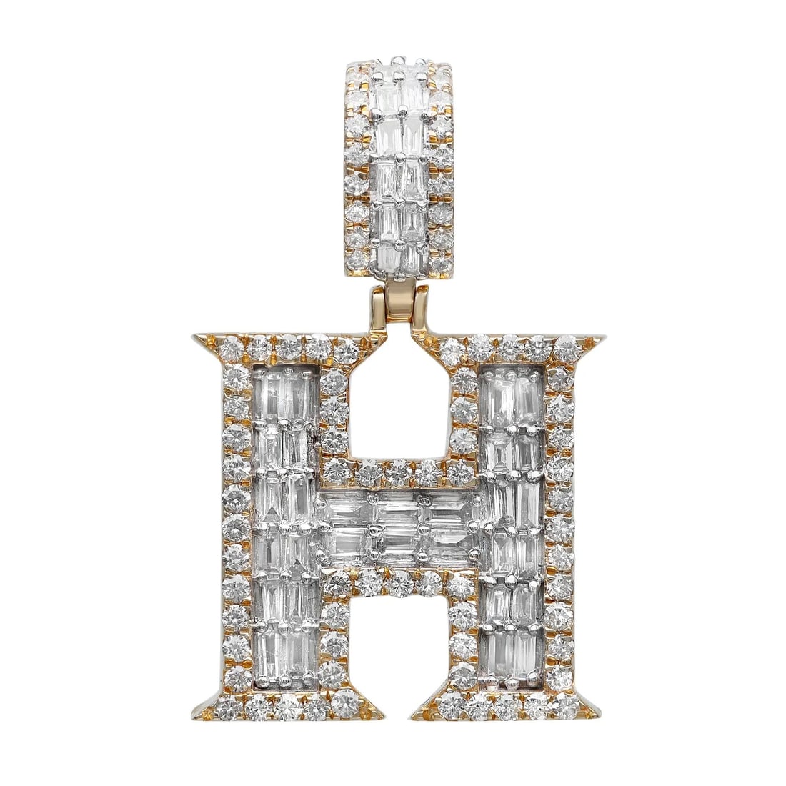 Rachel Koen 14K Yellow Gold H Initial Pendant with 1.10ct Baguette and Round Diamonds: Rachel Koen 14K Yellow Gold H Initial Pendant with 1.10ct Baguette and Round Diamonds Elevate your jewelry collection with this exquisite "H" letter initial pendant, crafted from lustrous 14K yellow g