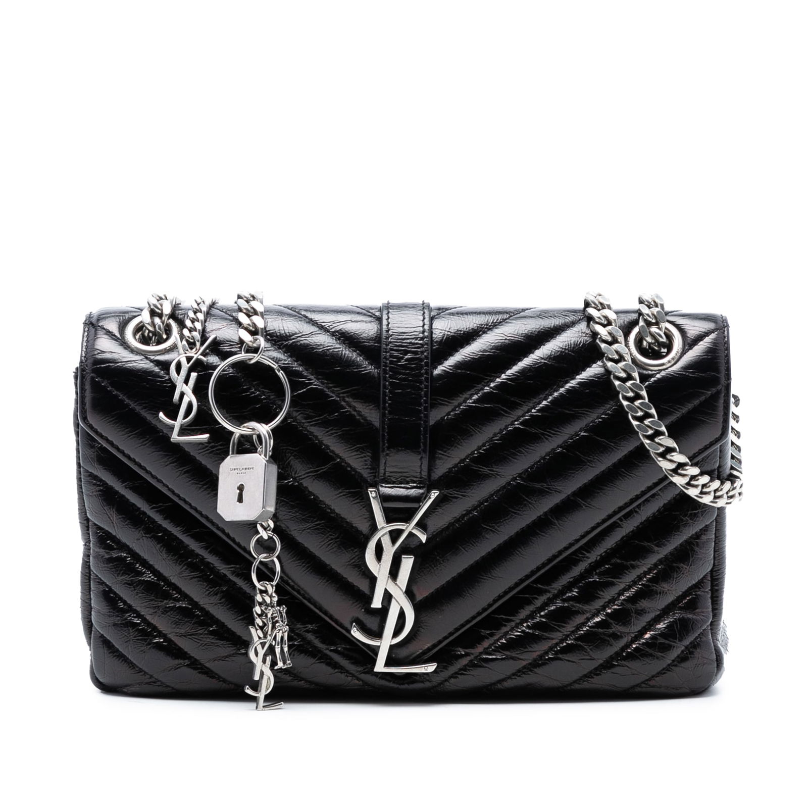 Black Leather Shoulder Bag by Saint Laurent Medium Punk Chain Style: Black Leather Shoulder Bag by Saint Laurent Medium Punk Chain Style This Saint Laurent Medium Crinkled Calfskin Punk Chain Bag showcases a quilted leather body in black, featuring curb chain shoulder