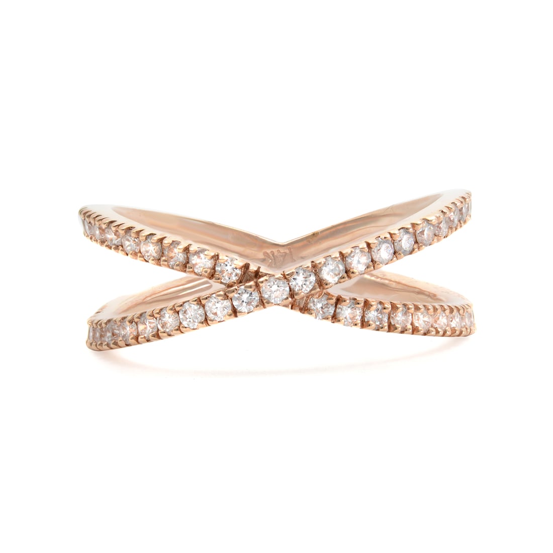 Rachel Koen 14K Rose Gold Diamond Criss Cross Ring 0.54cttw Size 7.25: Rachel Koen 14K Rose Gold Diamond Criss Cross Ring 0.54cttw Size 7.25 This exquisite Rachel Koen Diamond Criss Cross Ring showcases a stunning design featuring two bands of brilliant pave set round di
