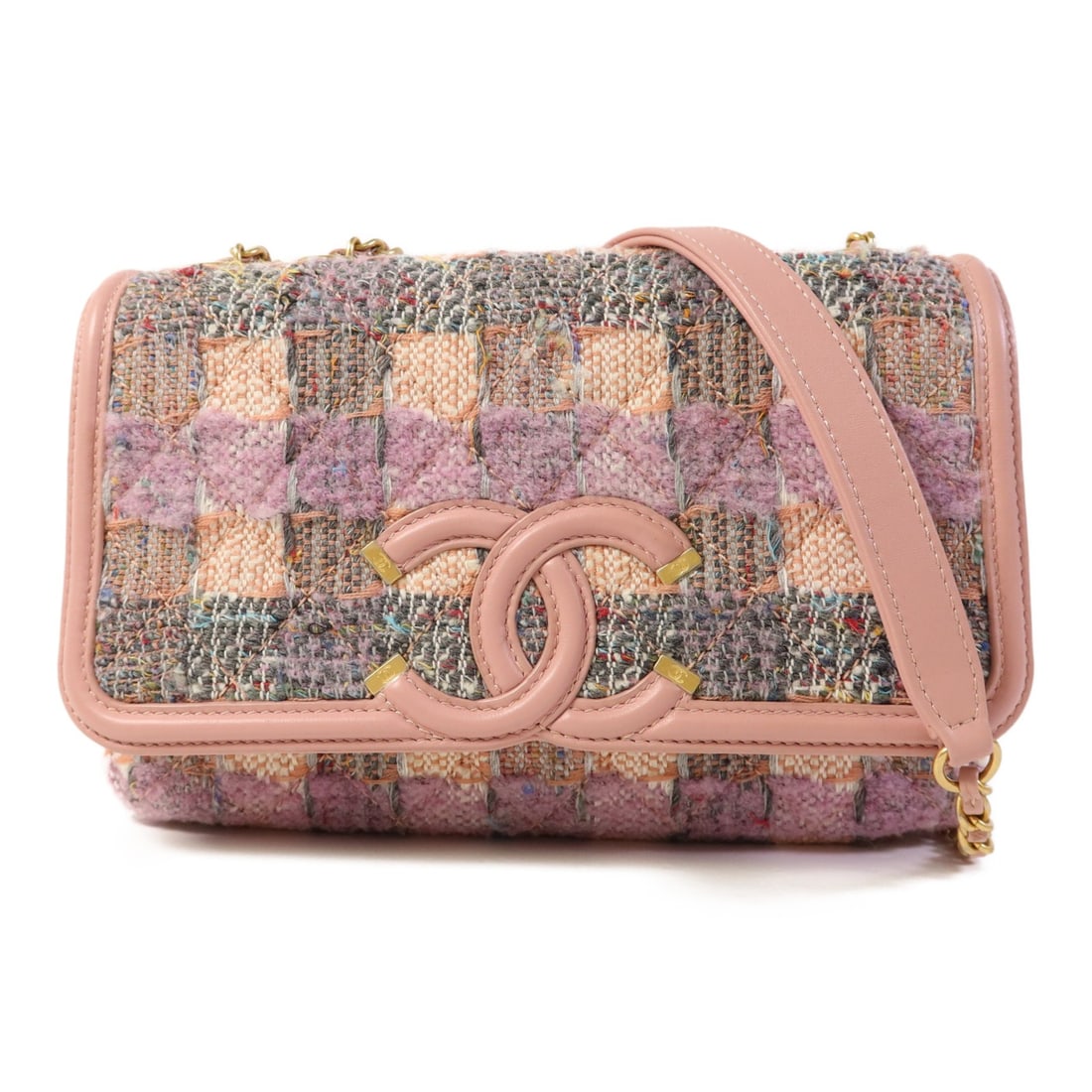 CHANEL CC Filigree Flap Shoulder Bag Pink Purple GHW: CHANEL CC Filigree Flap Shoulder Bag Pink Purple GHW This exquisite CHANEL shoulder bag features a stylish filigree design in a delightful pink and purple tweed material. The bag is not only fashionab