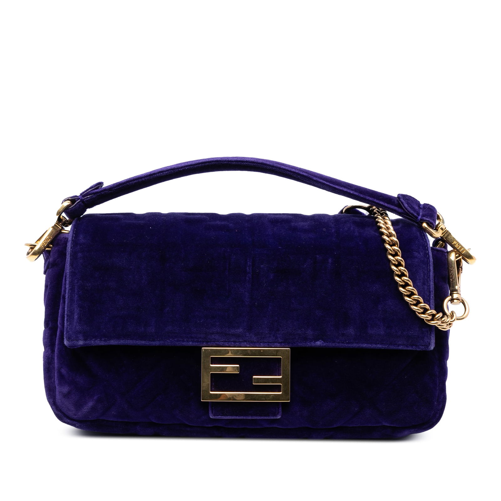Fendi Zucca Velvet Baguette Satchel Purple Fabric Italy: Fendi Zucca Velvet Baguette Satchel Purple Fabric Italy This Fendi Zucca Embossed Velvet Baguette Satchel is a luxurious accessory featuring a rich purple embossed velvet body. It comes with a detacha