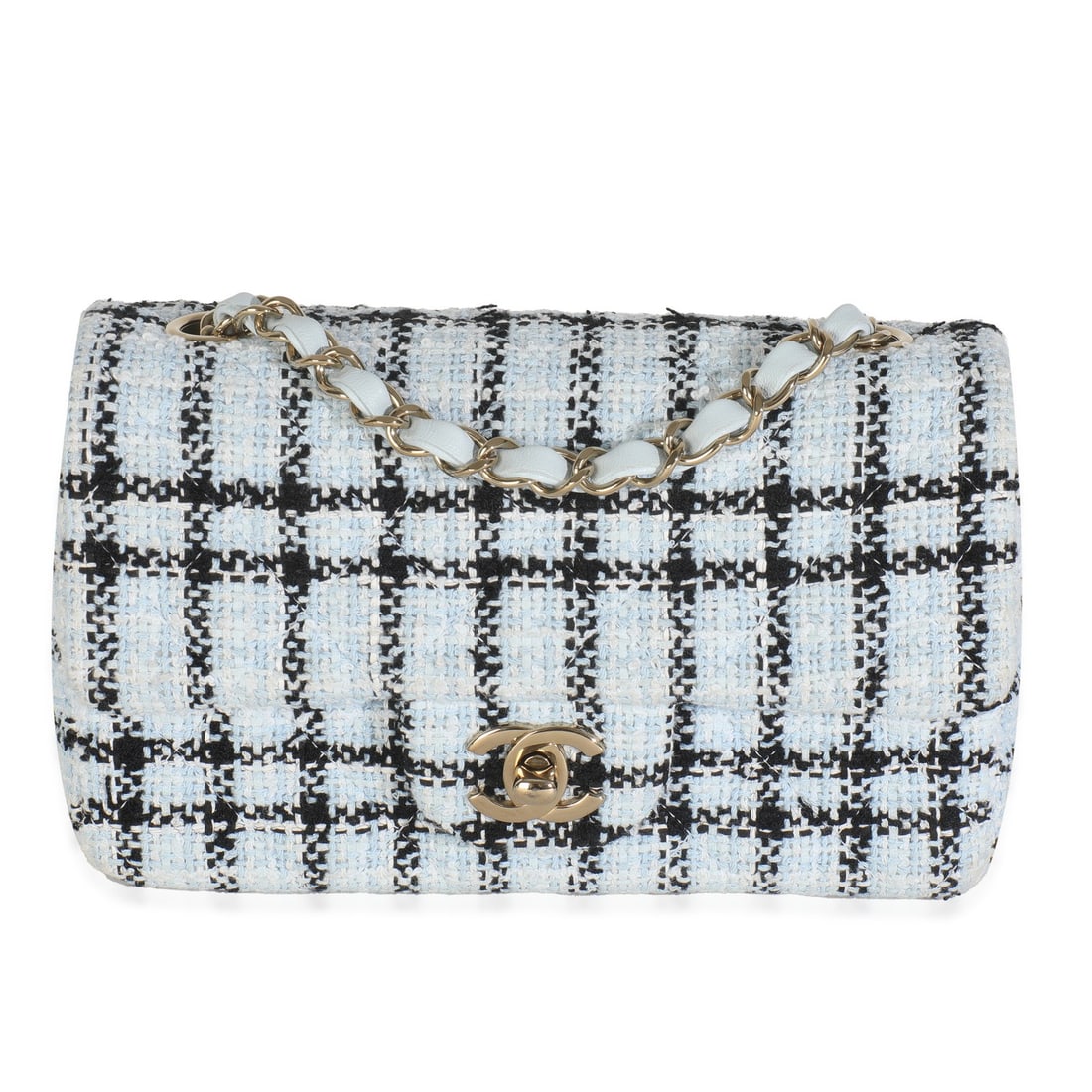 Chanel Mini Rectangular Flap Bag Blue White Tweed Gold-Tone Hardware: Chanel Mini Rectangular Flap Bag Blue White Tweed Gold-Tone Hardware This elegant Chanel Mini Rectangular Flap Bag features a stylish blue, white, and black tweed exterior, perfect for any occasion. C