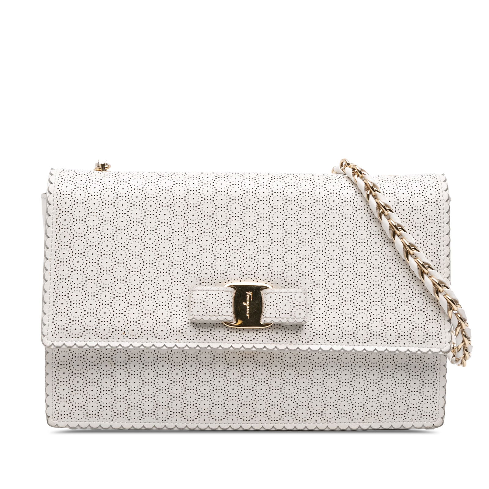 Ferragamo Medium Vara Ginny White Leather Crossbody Bag: Ferragamo Medium Vara Ginny White Leather Crossbody Bag This Ferragamo Medium Perforated Leather Vara Ginny Crossbody showcases a stylish perforated leather body, complemented by a leather-woven chain