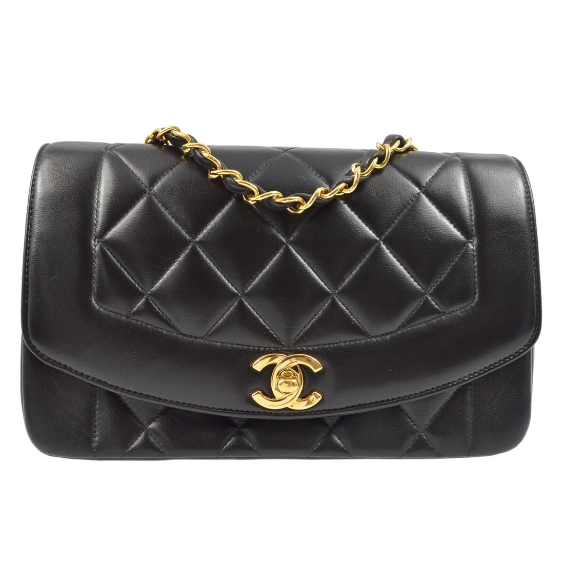 Chanel Black Lambskin Diana Small Shoulder Bag with Chain Strap: Chanel Black Lambskin Diana Small Shoulder Bag with Chain Strap This Chanel Black Lambskin Small Diana Shoulder Bag exudes elegance and practicality. Crafted from luxurious lambskin, it features a cla