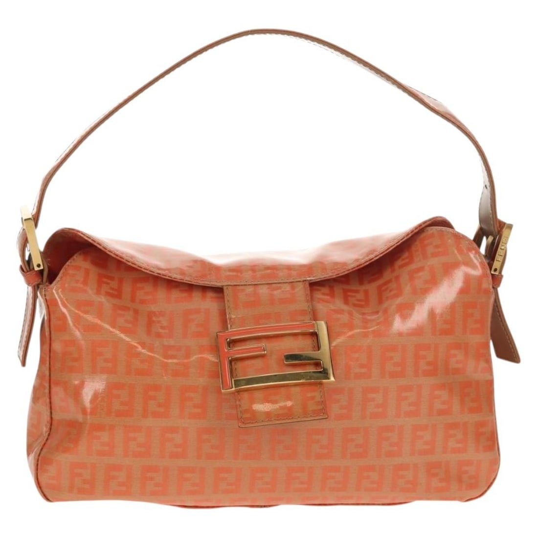Orange Mamma Baguette Shoulder Bag by Fendi: Orange Mamma Baguette Shoulder Bag by Fendi This pre-owned Fendi Mamma Baguette shoulder bag in orange features a classic design with a feminine silhouette. The bag is in good condition, with minor si