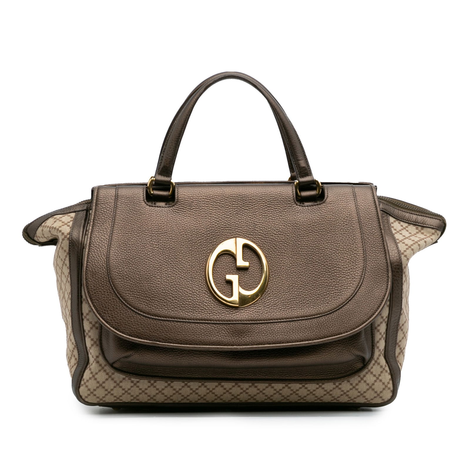 Gucci Medium Diamante Canvas Handbag 1973 Brown Fabric Italy: Gucci Medium Diamante Canvas Handbag 1973 Brown Fabric Italy This stylish Gucci Medium Diamante Canvas 1973 Handbag features a durable canvas body with luxurious leather trim. It is equipped with flat