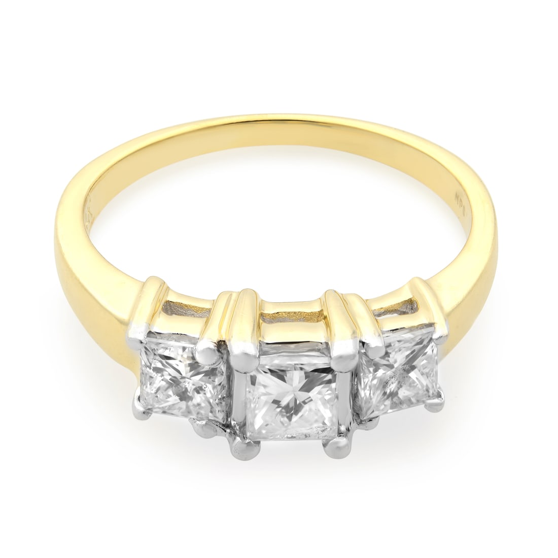 Rachel Koen 14K Yellow Gold Three-Stone Engagement Ring 1.00ct Diamonds: Rachel Koen 14K Yellow Gold Three-Stone Engagement Ring 1.00ct Diamonds This elegant three-stone engagement ring showcases three stunning princess cut natural diamonds set in luxurious 14K yellow gold
