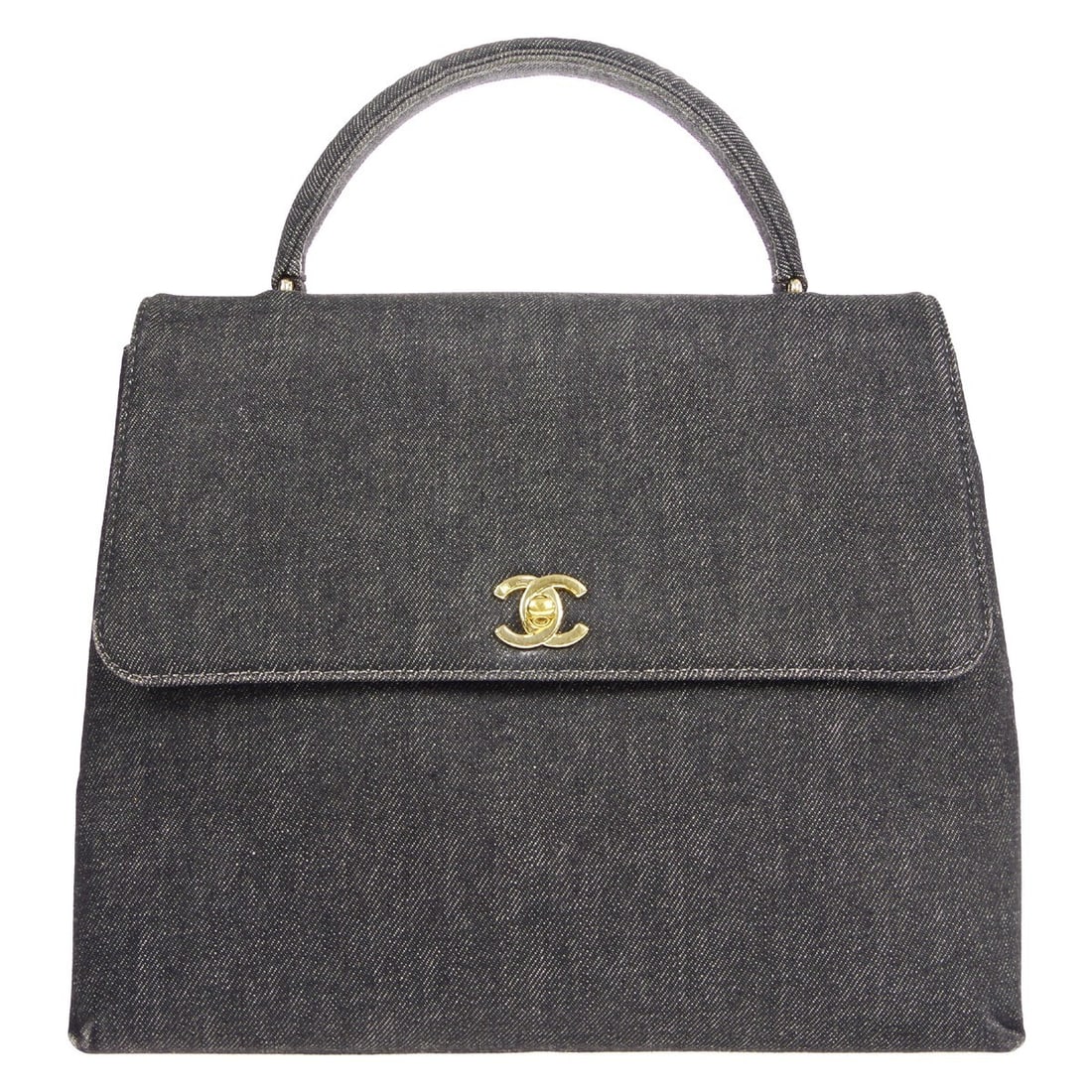 Chanel Black Denim Medium Top Handle Satchel Handbag with Lock Logo: Chanel Black Denim Medium Top Handle Satchel Handbag with Lock Logo Introducing the Chanel Black Denim Medium Top Handle Handbag, a stylish accessory perfect for casual occasions. This handbag feature