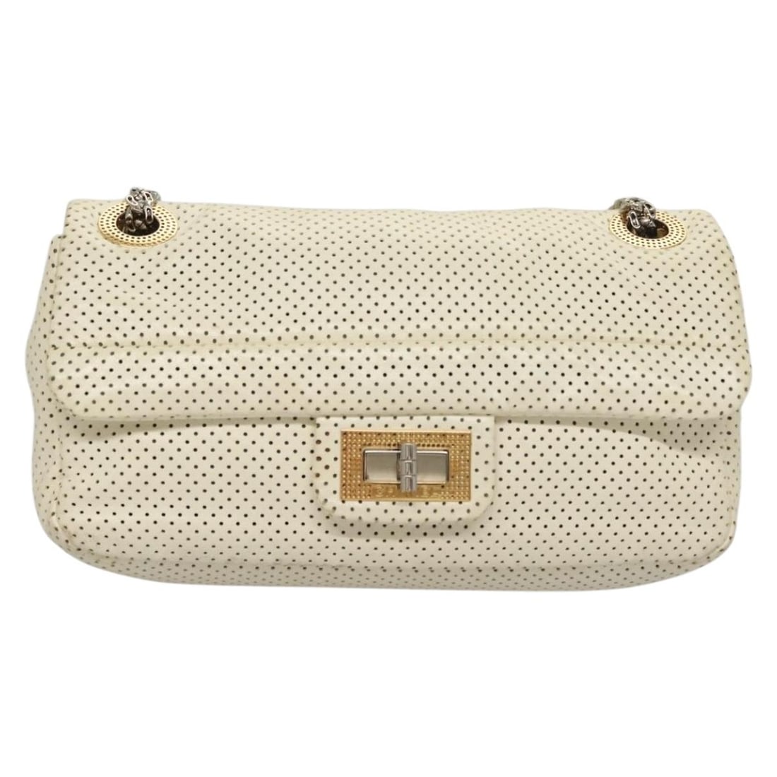White Chanel Drill Flap Shoulder Bag with Chain Strap: White Chanel Drill Flap Shoulder Bag with Chain Strap This pre-owned Chanel 2.55 Drill Flap Chain Shoulder Bag features a white exterior and classic chain shoulder strap. The bag is designed for women