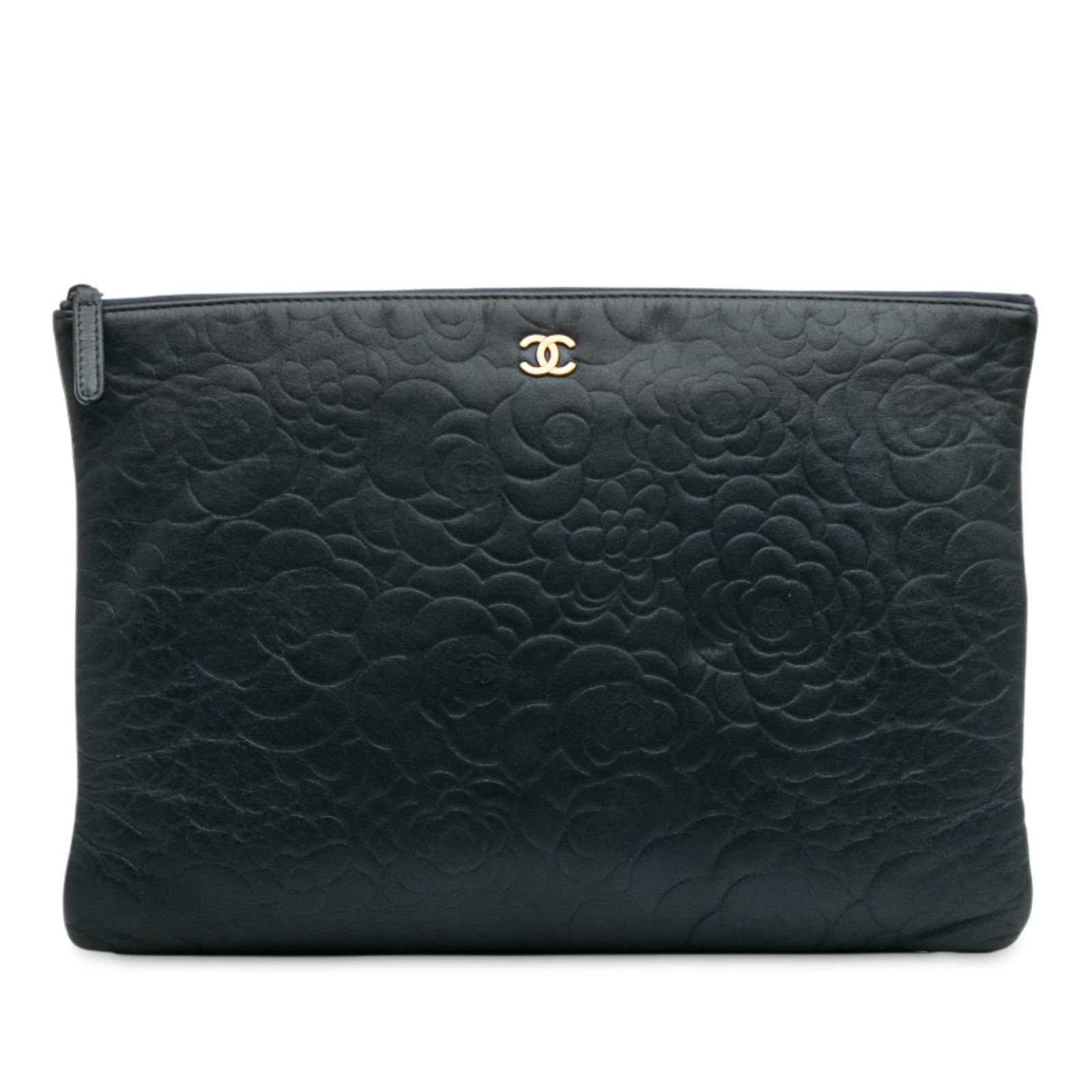 Chanel Large CC Embossed Lambskin Camellia Clutch Blue (1 of 10)