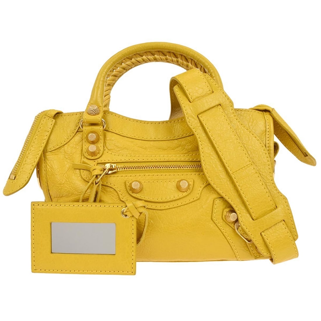 Balenciaga City Mini Yellow Leather Top Handle Bag with Logo Accent: Balenciaga City Mini Yellow Leather Top Handle Bag with Logo Accent This Balenciaga The City Mini handbag is crafted from yellow lambskin leather and features a top handle design with inner pockets fo