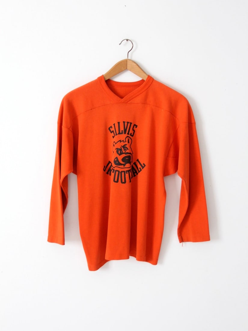 Vintage Silvis Junior High Football T-Shirt Orange Cotton with Bear Logo (1 of 7)