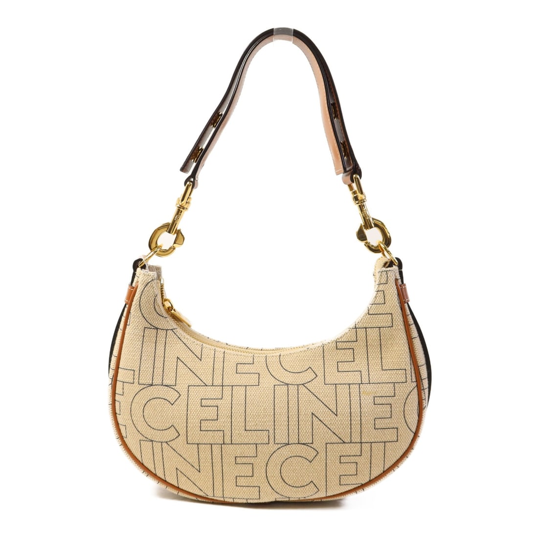 CELINE Ava Triomphe Beige Brown Canvas Leather Shoulder Bag: CELINE Ava Triomphe Beige Brown Canvas Leather Shoulder Bag This CELINE Ava Triomphe Shoulder Bag is a stylish accessory crafted from durable canvas in a beautiful beige color. The bag features a clea
