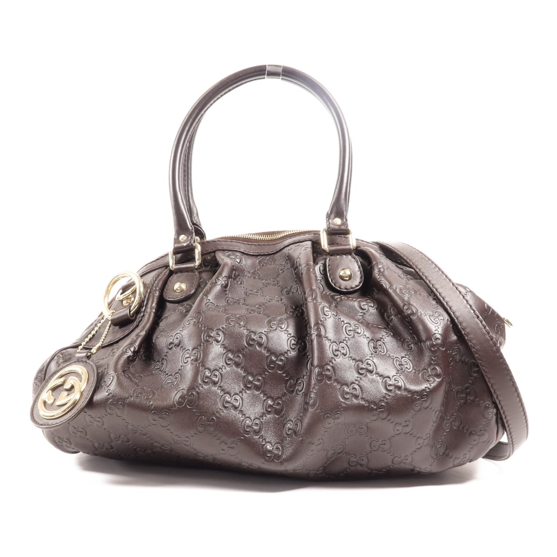 GUCCI GG 2 Way Shoulder Bag Calfskin Leather Brown 223974: GUCCI GG 2 Way Shoulder Bag Calfskin Leather Brown 223974 This exquisite GUCCI 2 Way Shoulder Bag is crafted from high-quality calfskin leather in a rich brown hue. Designed for versatility, it featur