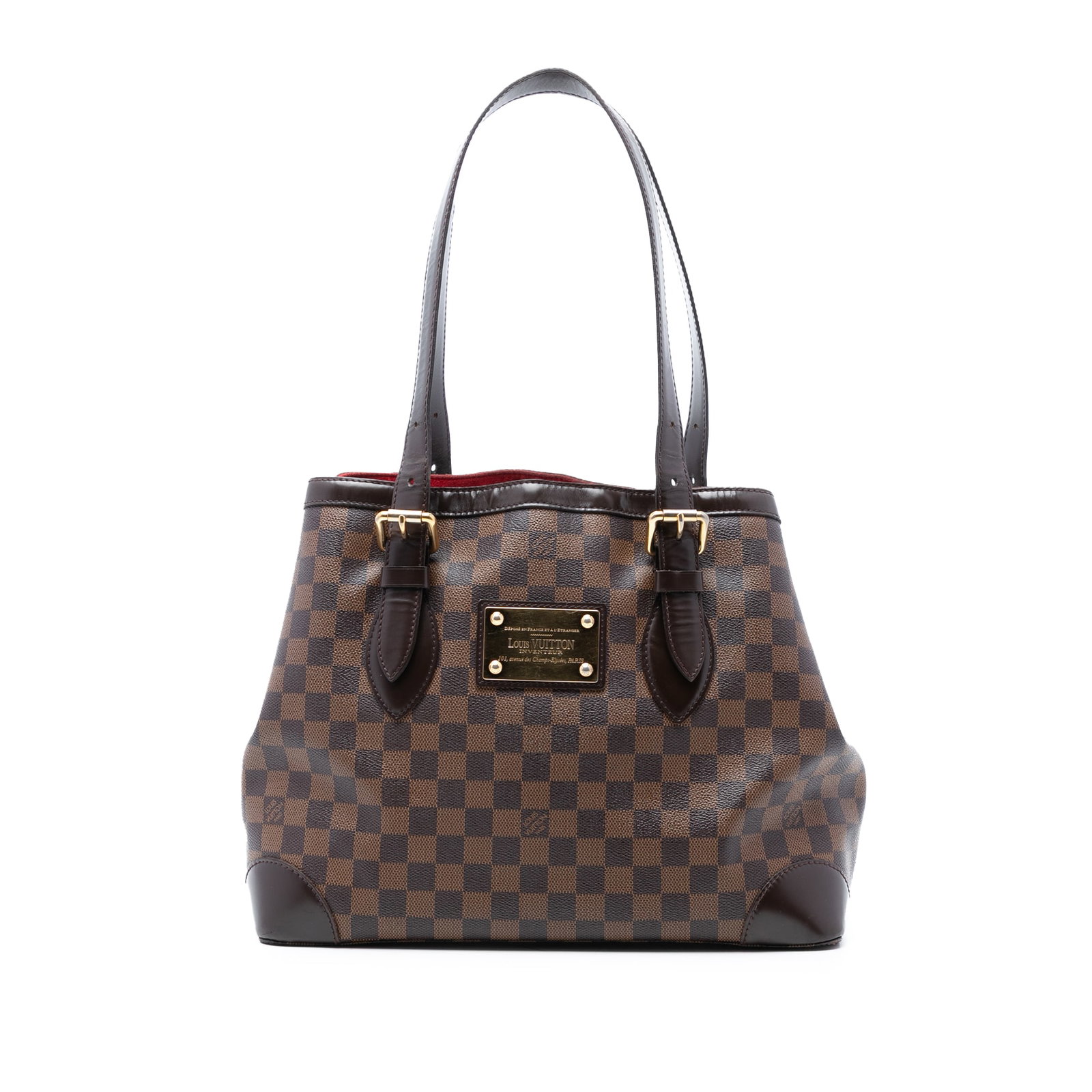 Louis Vuitton Hampstead MM Tote in Damier Ebene Canvas with Leather Trim: Louis Vuitton Hampstead MM Tote in Damier Ebene Canvas with Leather Trim The Louis Vuitton Damier Ebene Hampstead MM features a brown Damier Ebene canvas body with leather trim, flat leather handles,